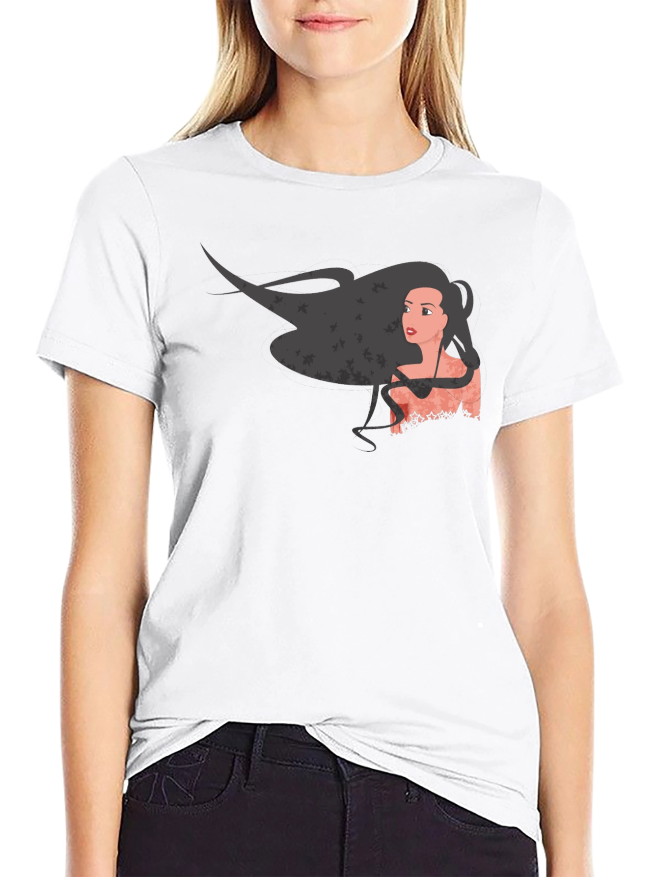 Black Graphic Print Black T-Shirt - Woman with Flowing Hair view 9