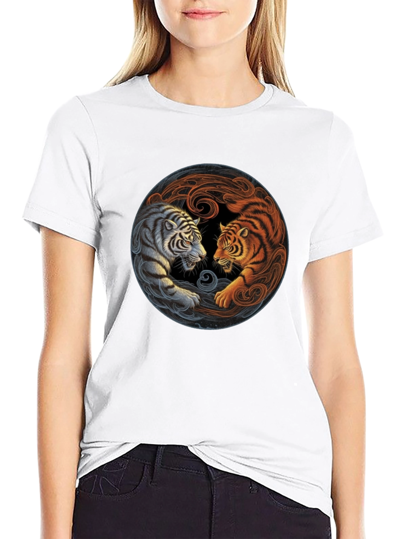 Black Yin Yang Tiger Graphic Tee - Black Cotton Blend view 9