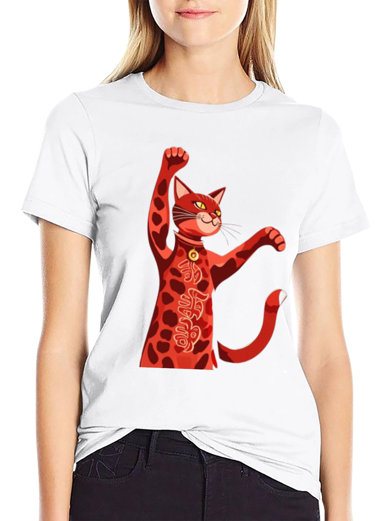 Black Lucky Cat T-Shirt - Red Maneki Neko Graphic Tee view 9