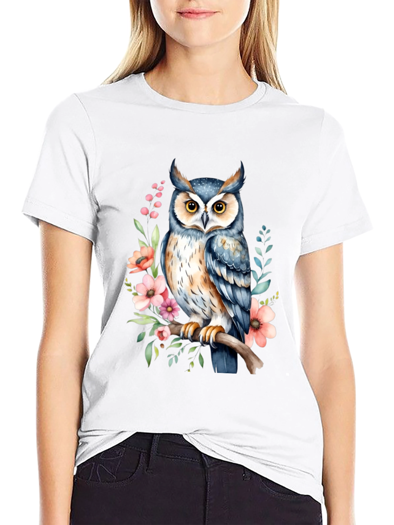 Black Owl Floral Graphic Tee - Black Cotton Casual Shirt view 9