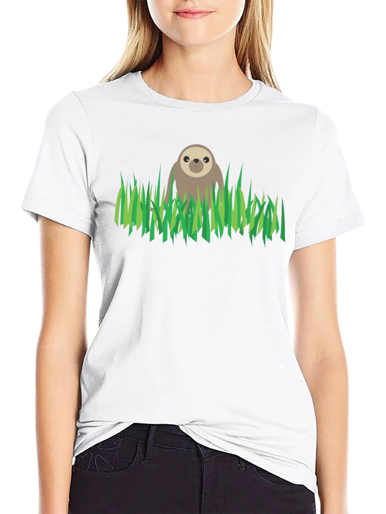 Black Sloth in Grass Graphic Tee - Black Cotton T-Shirt view 9
