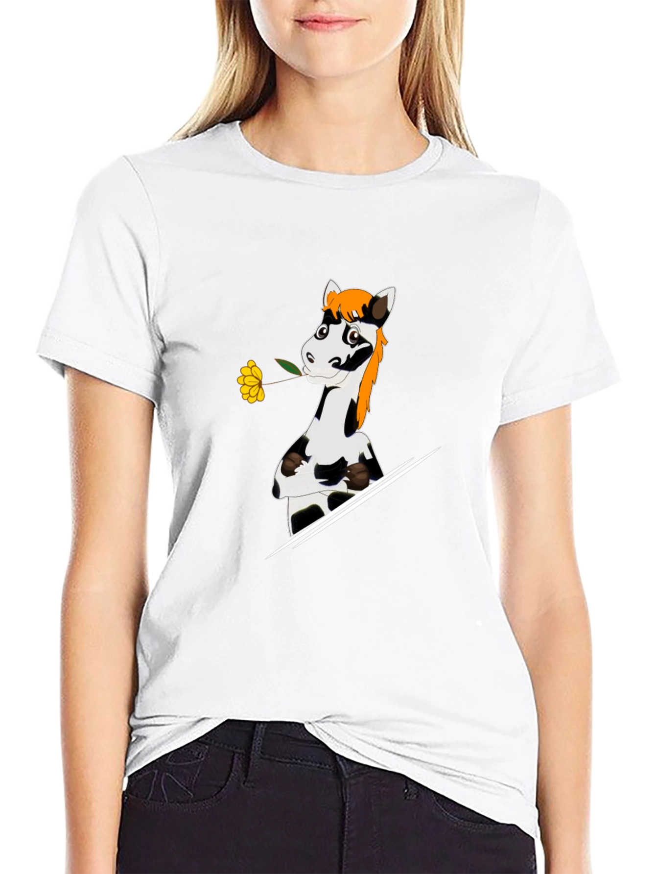 Black Cartoon Horse with Flower Graphic T-Shirt view 9