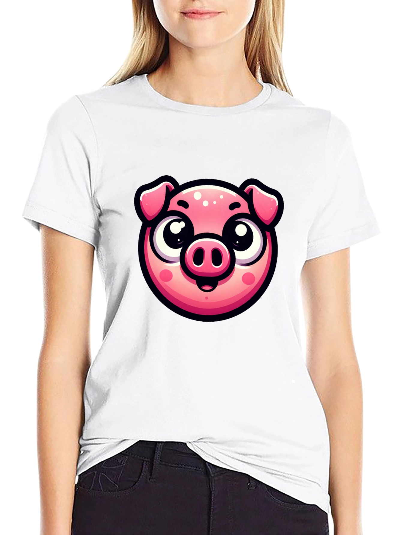 Black Cute Pig Graphic Print Black T-Shirt view 9