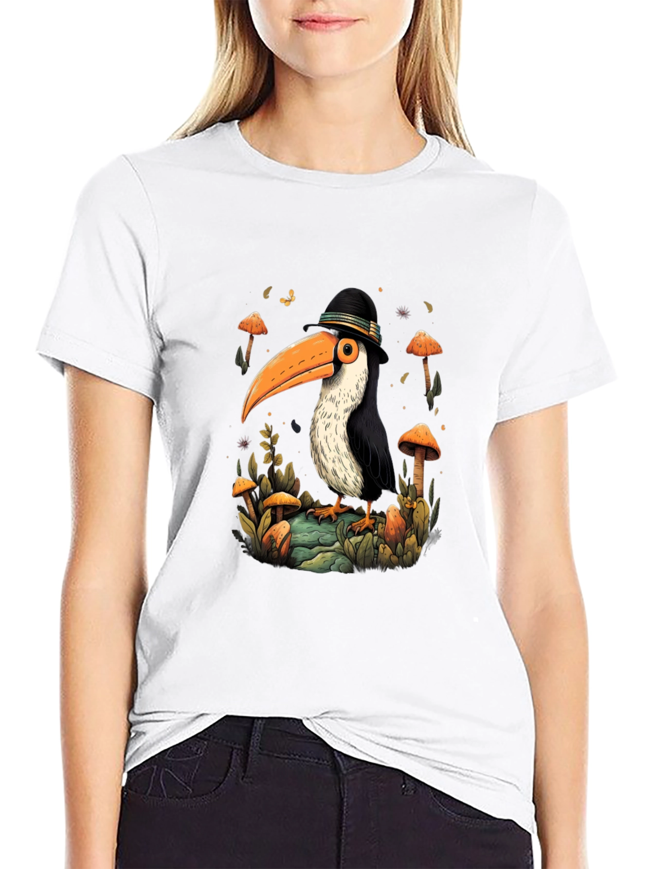 Black Whimsical Toucan T-Shirt - Mushroom Forest Design view 9