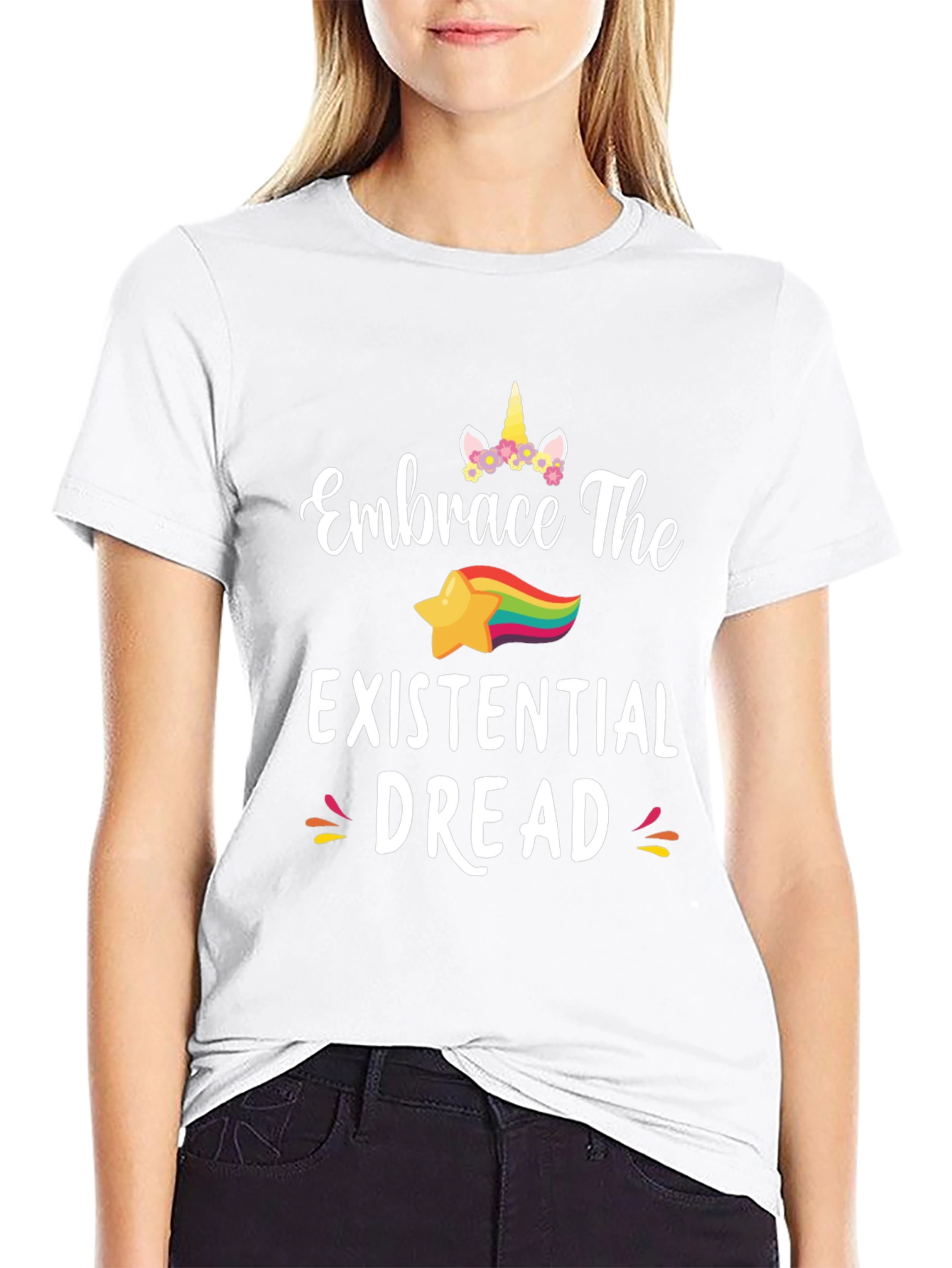 Black Embrace The Existential Dread Funny Unicorn Star T-Shirt view 9