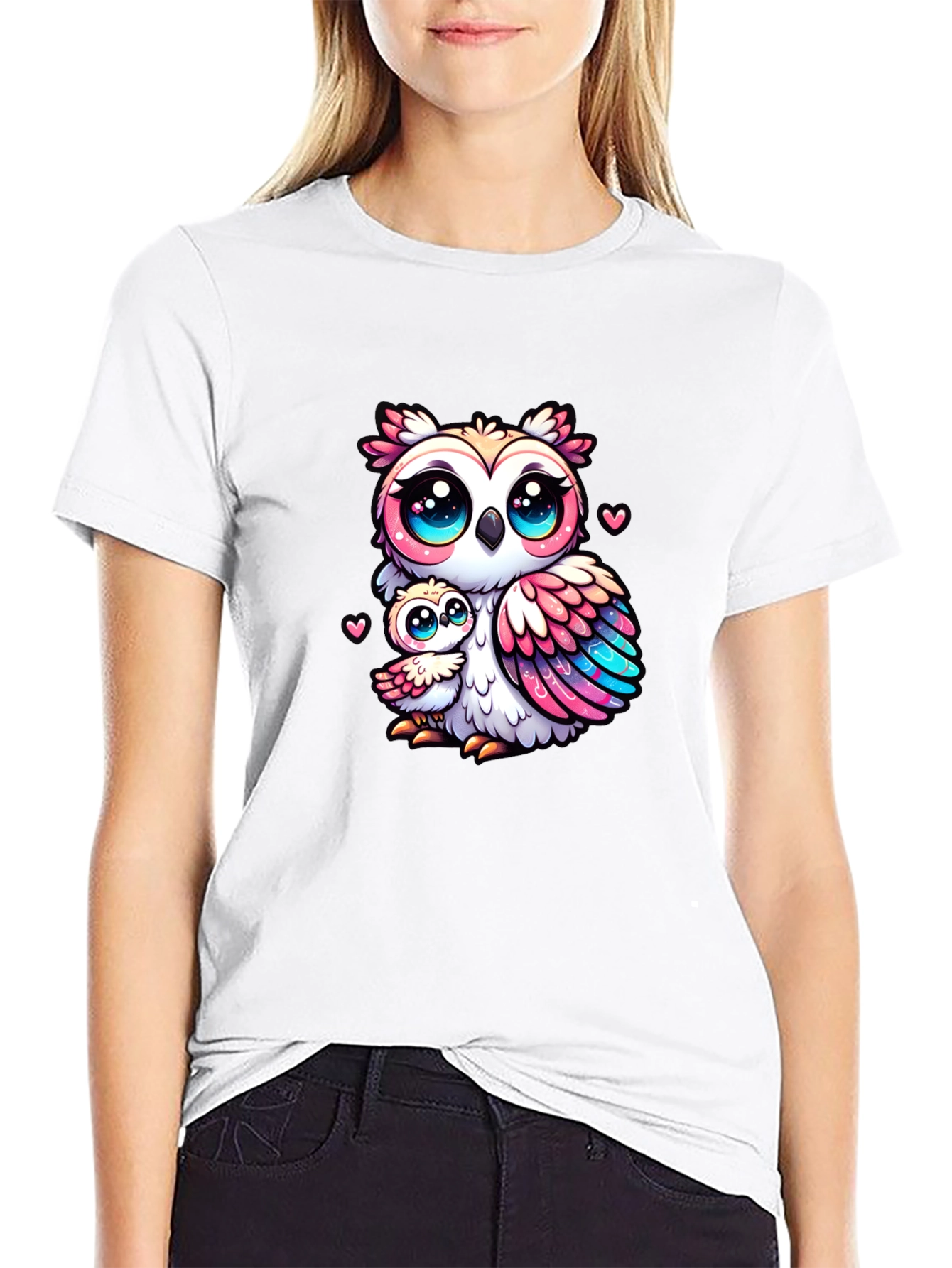 Black Cute Owl Family Graphic Tee - Black Cotton Shirt view 9