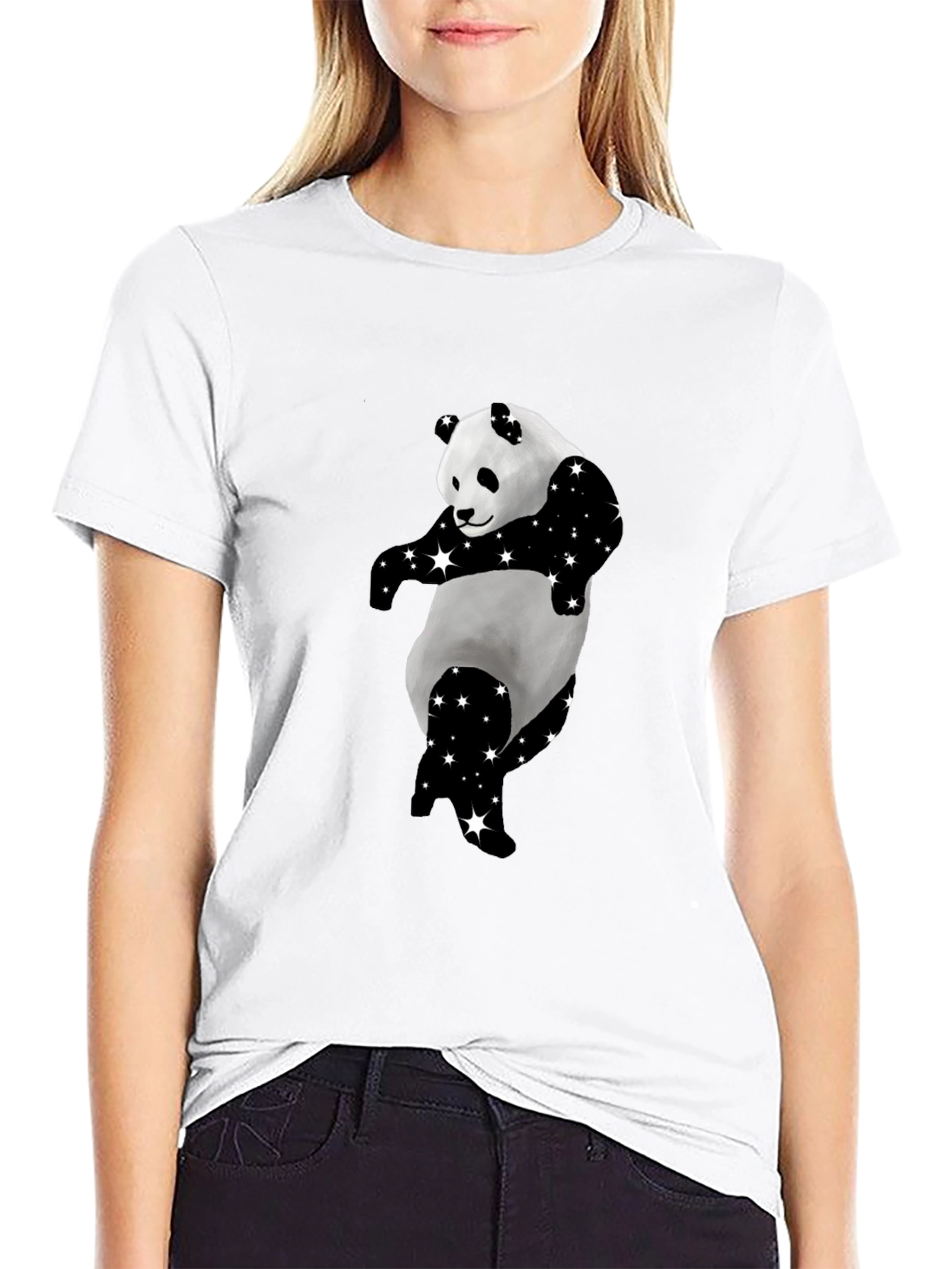 Cool Panda Starry Design Black T-Shirt - 9
