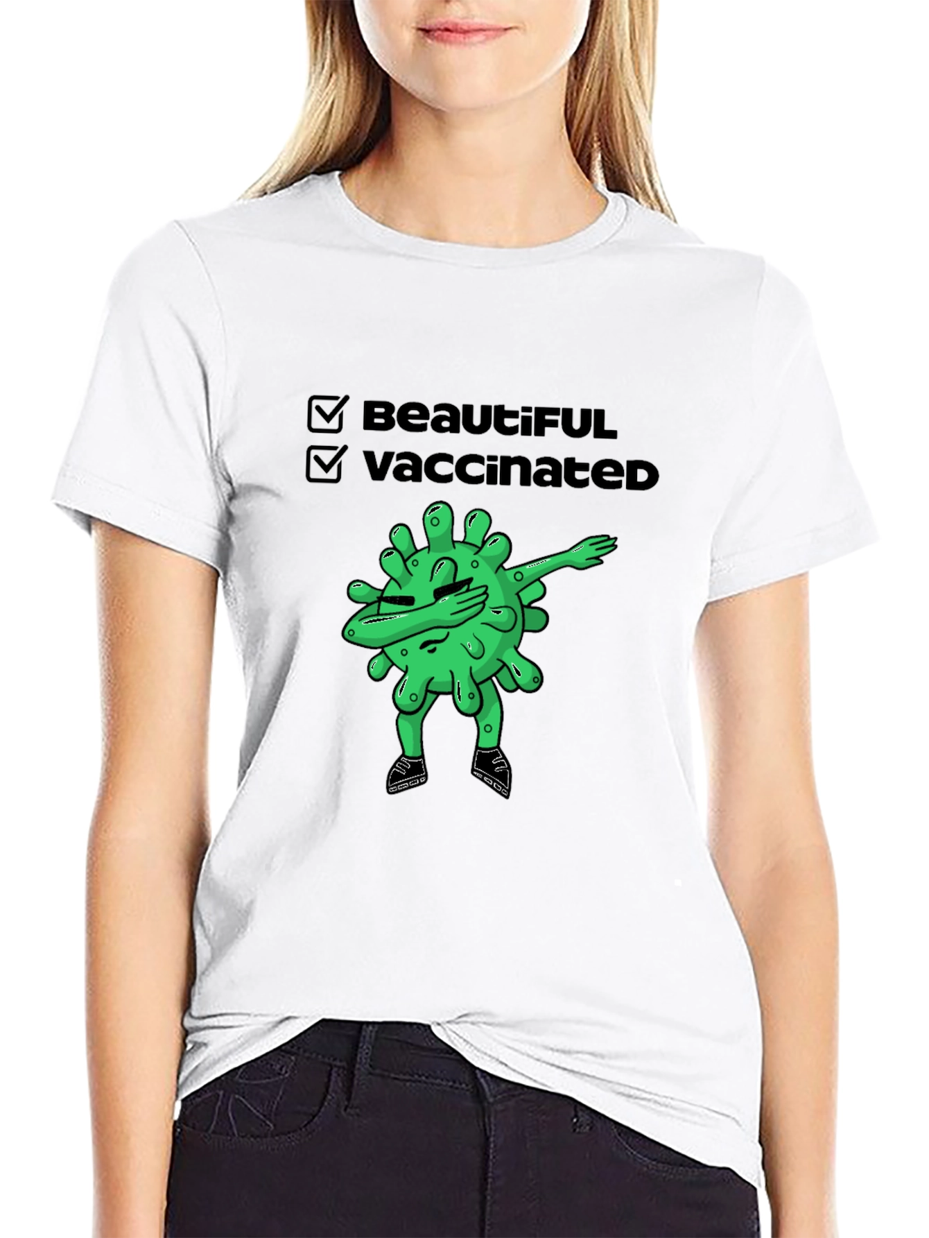 Black Beautiful & Vaccinated Cartoon Graphic T-Shirt view 9