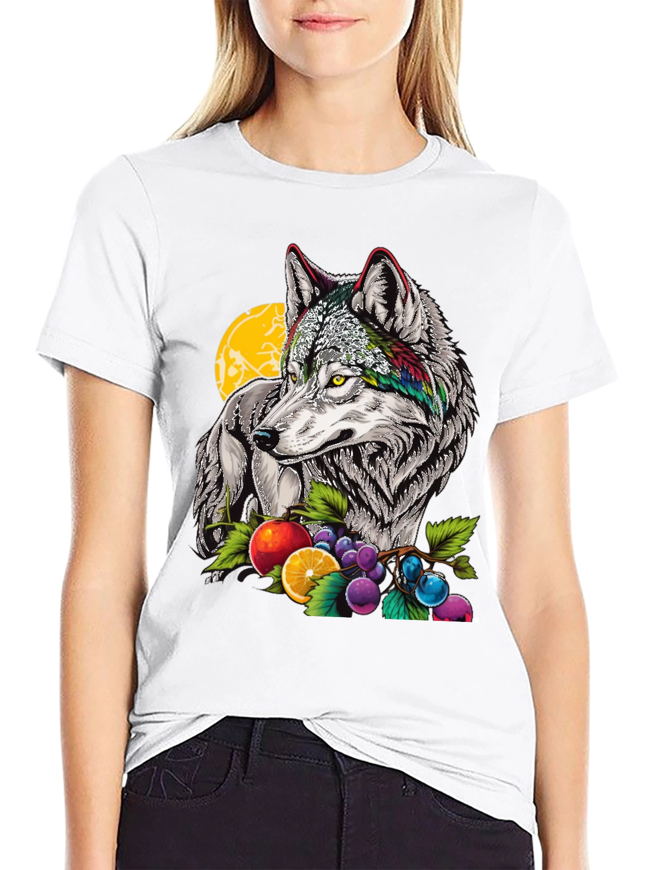 Black Wolf & Fruit Graphic Print T-Shirt - Black view 9