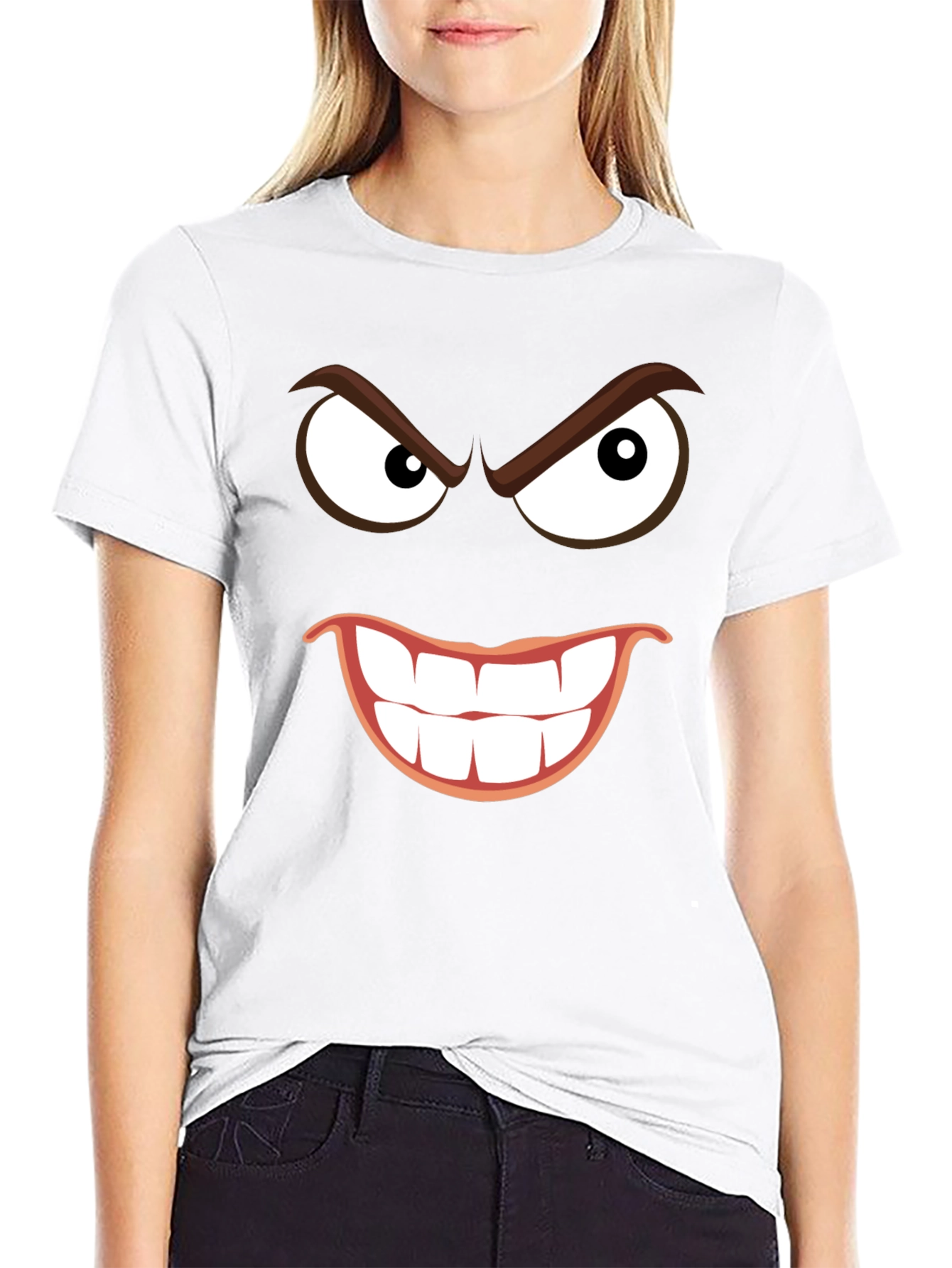 Black Men's Black T-Shirt with Grinning Cartoon Face view 9