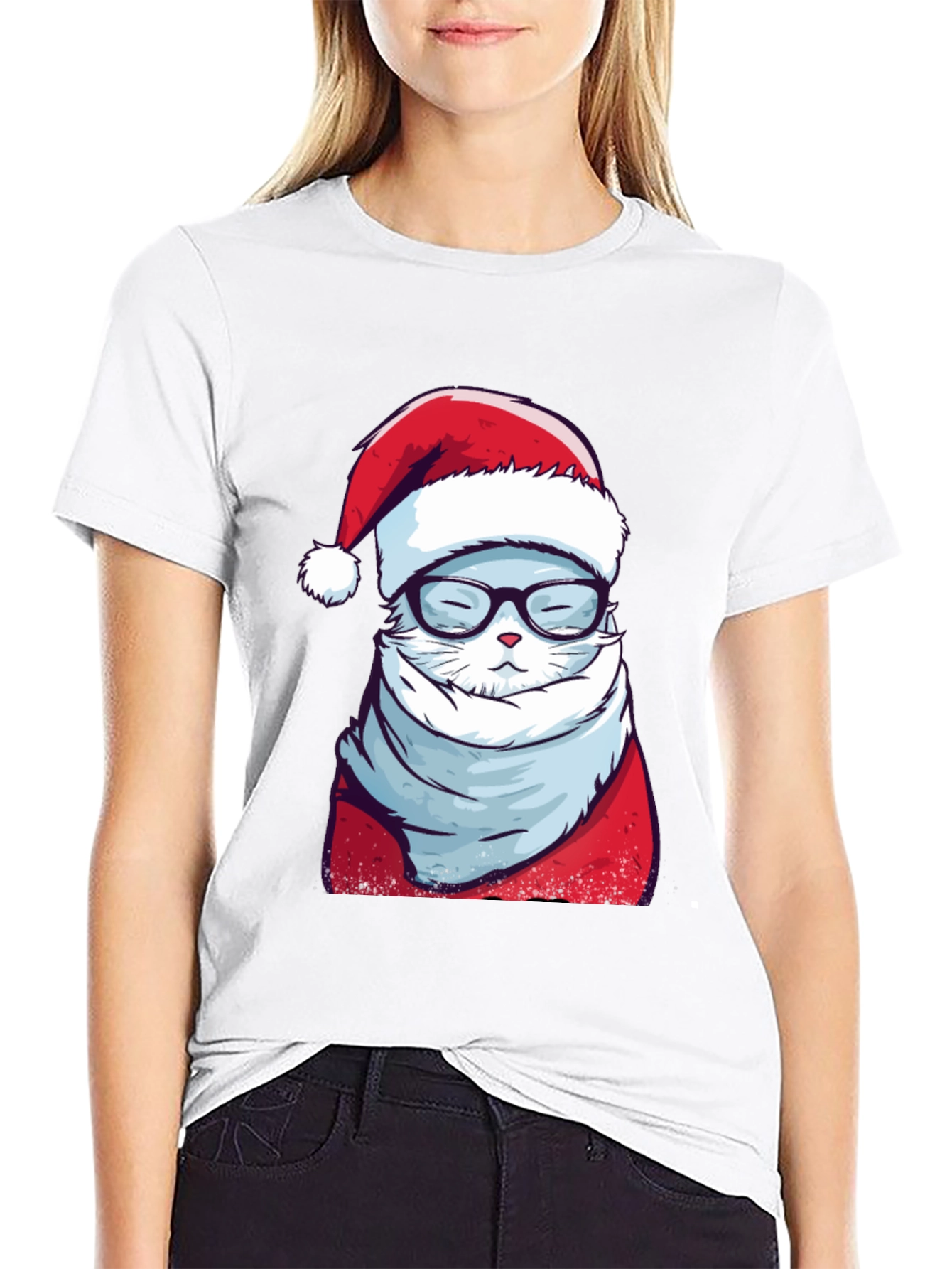 Black Holiday Cat T-Shirt: Santa Hat & Glasses view 9