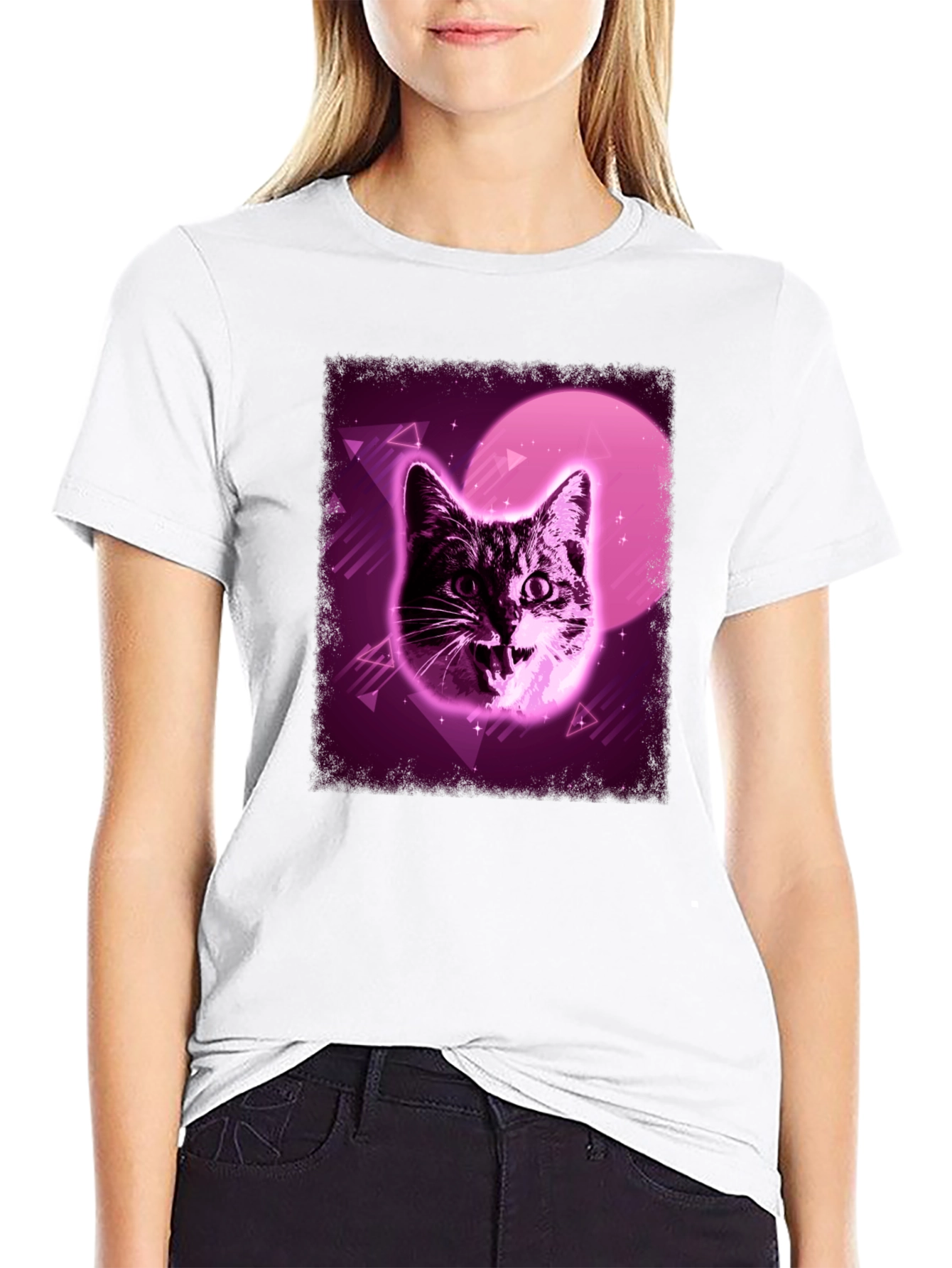 Black Retro Cat Graphic Tee - Vaporwave Style view 9