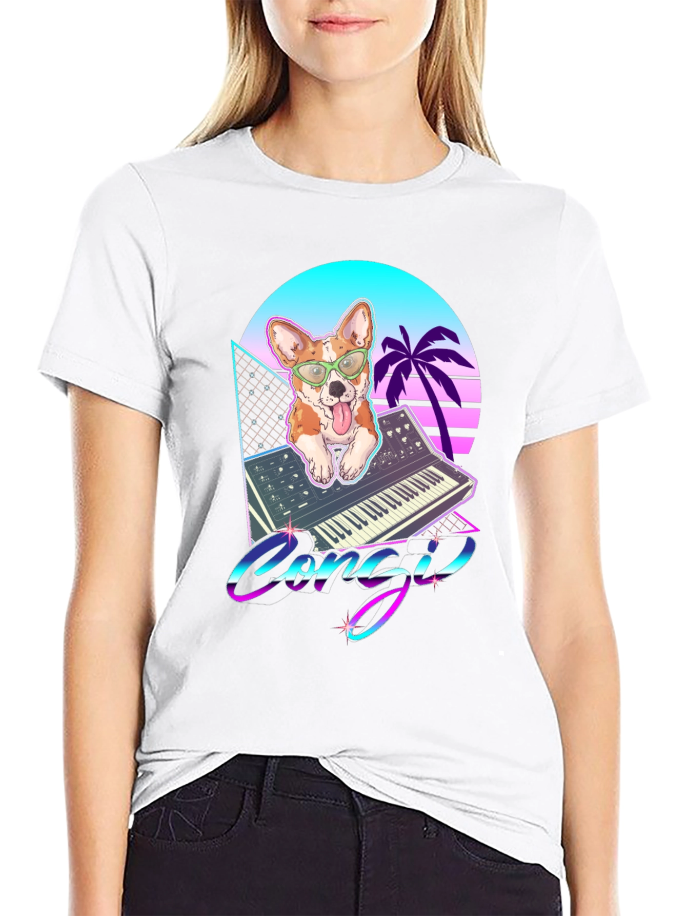 Black Retro Corgi Synthwave Graphic T-Shirt view 9