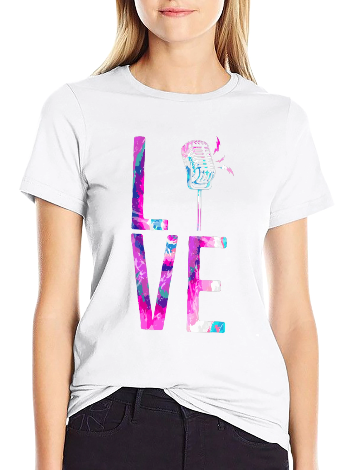 Black Colorful LOVE Microphone Graphic Tee view 9