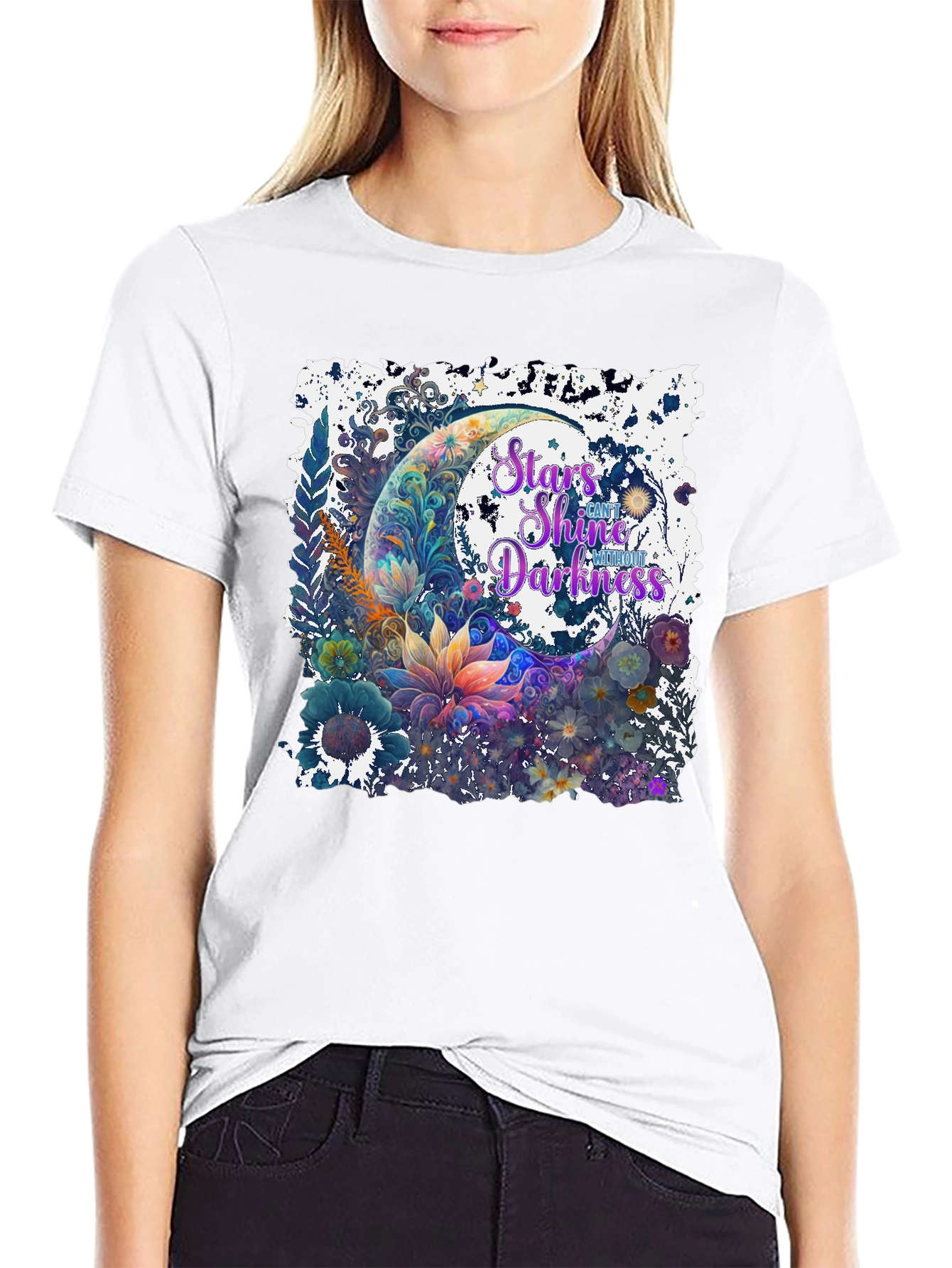 Black Stars Shine Graphic T-Shirt - Floral Moon Design view 9