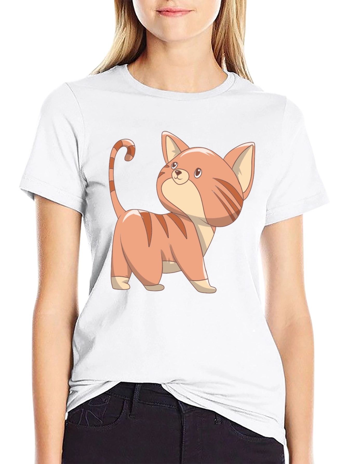 Black Cute Cartoon Cat Black T-Shirt view 9