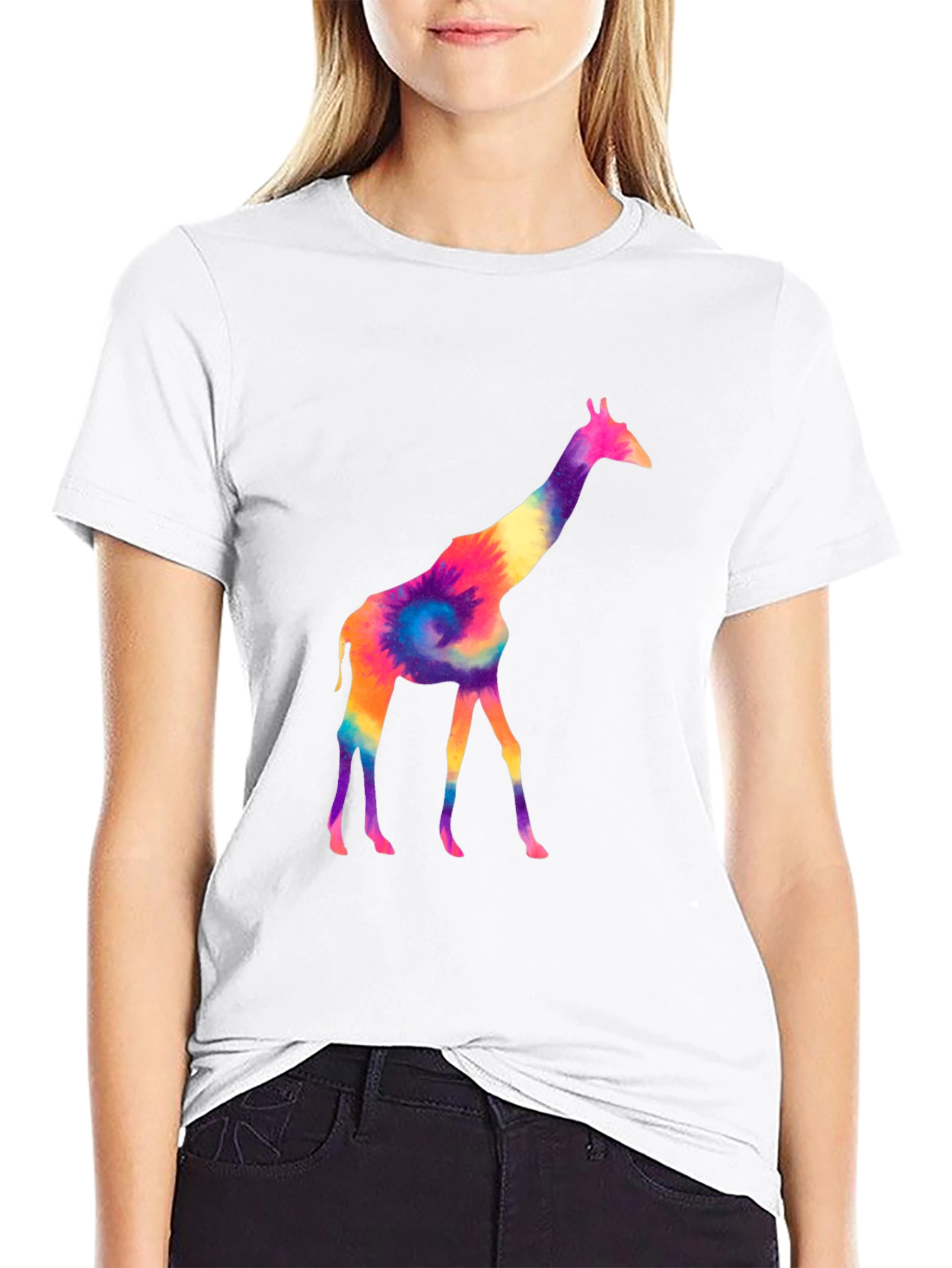 Black Colorful Giraffe Tie Dye Graphic Tee - Black view 9