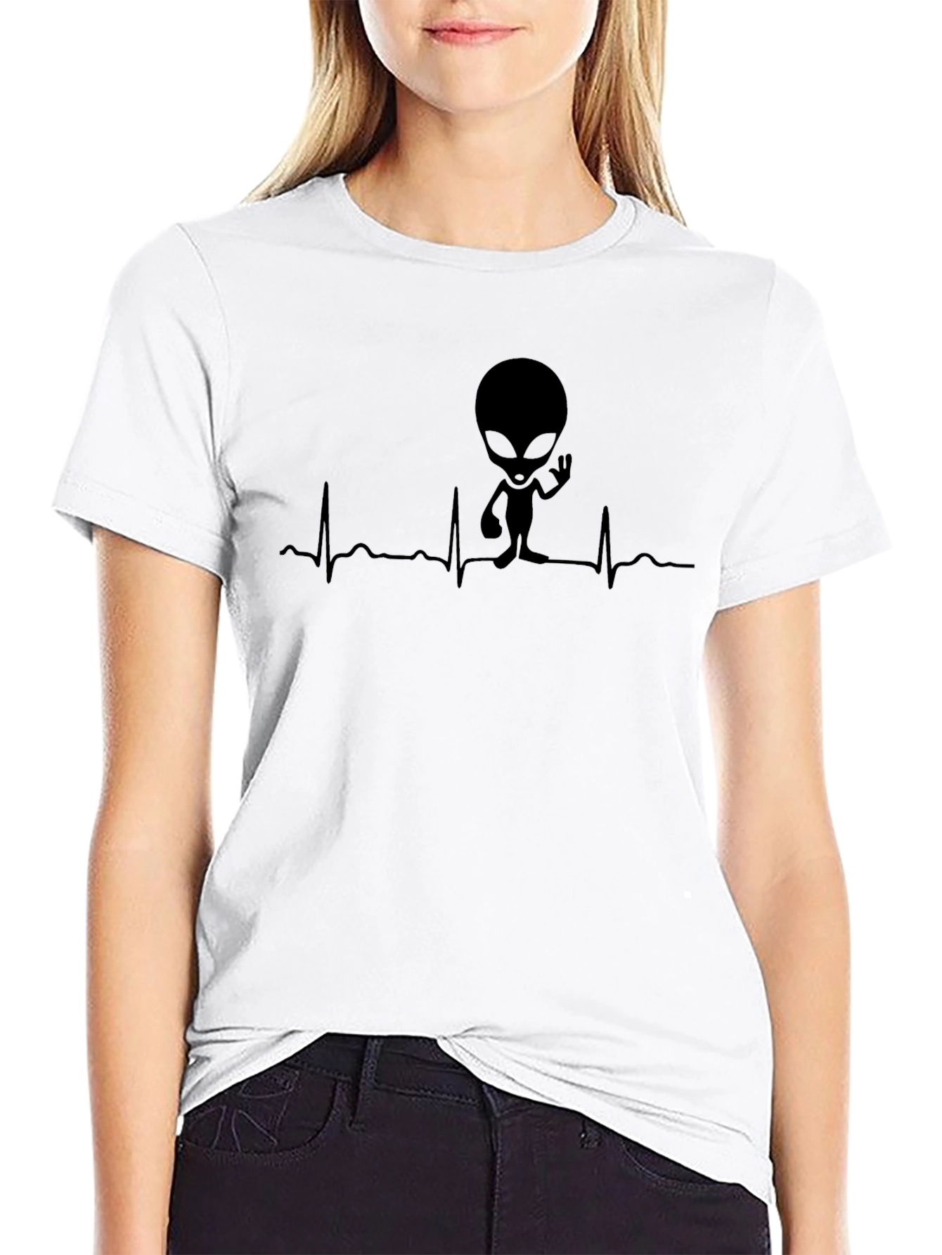 Black Alien Heartbeat T-Shirt - Black, Unique Design view 9