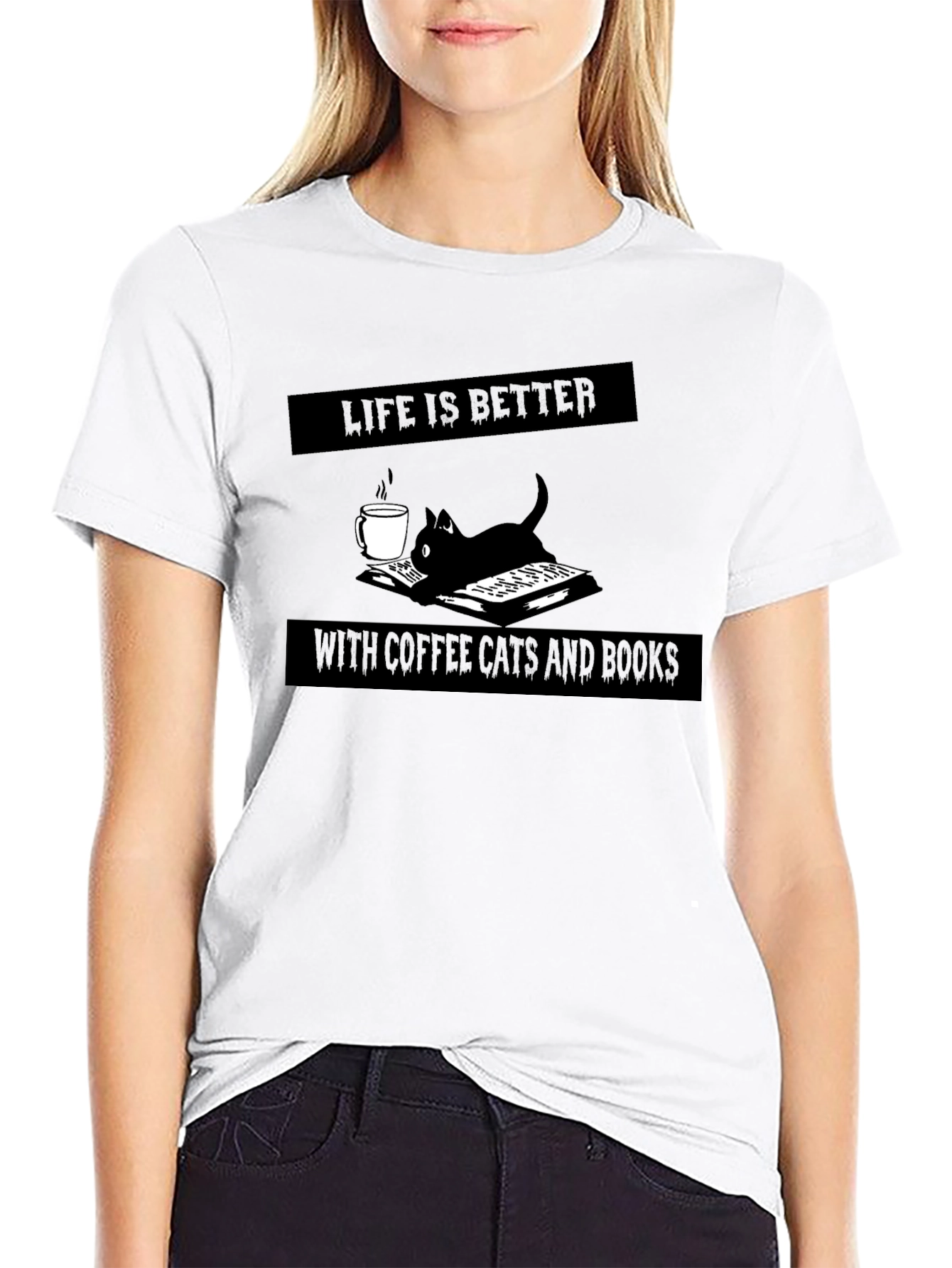 Black Life is Better with Coffee, Cats, and Books Black Tee view 9