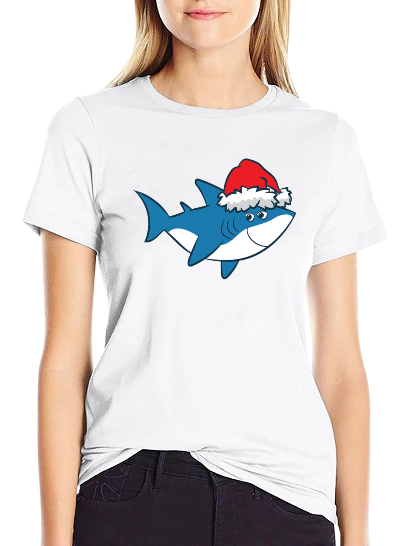 Black Shark Christmas T-Shirt Holiday Tee Santa Hat view 9