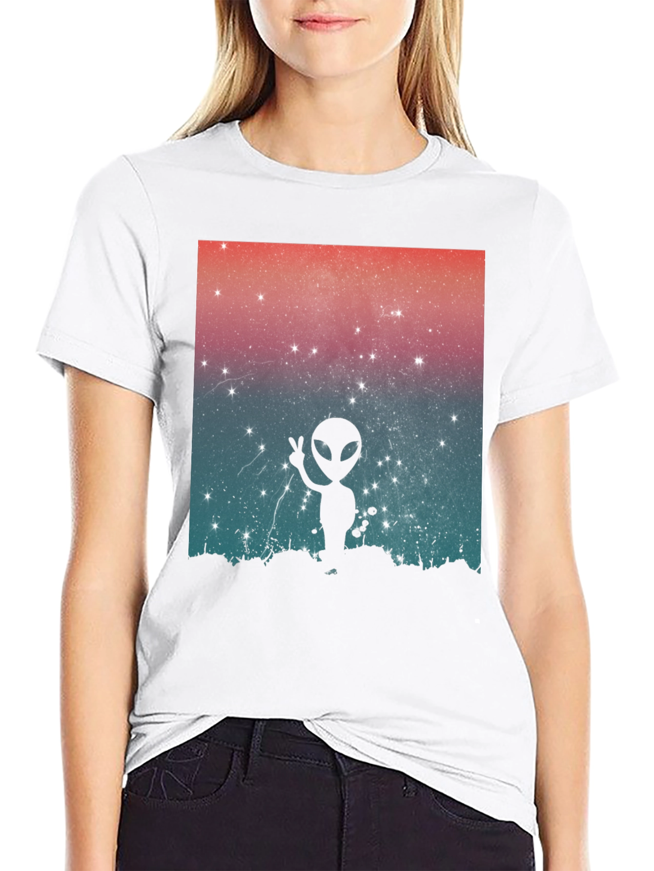 Black Alien Peace Sign Graphic Tee - Black Cotton Blend view 9