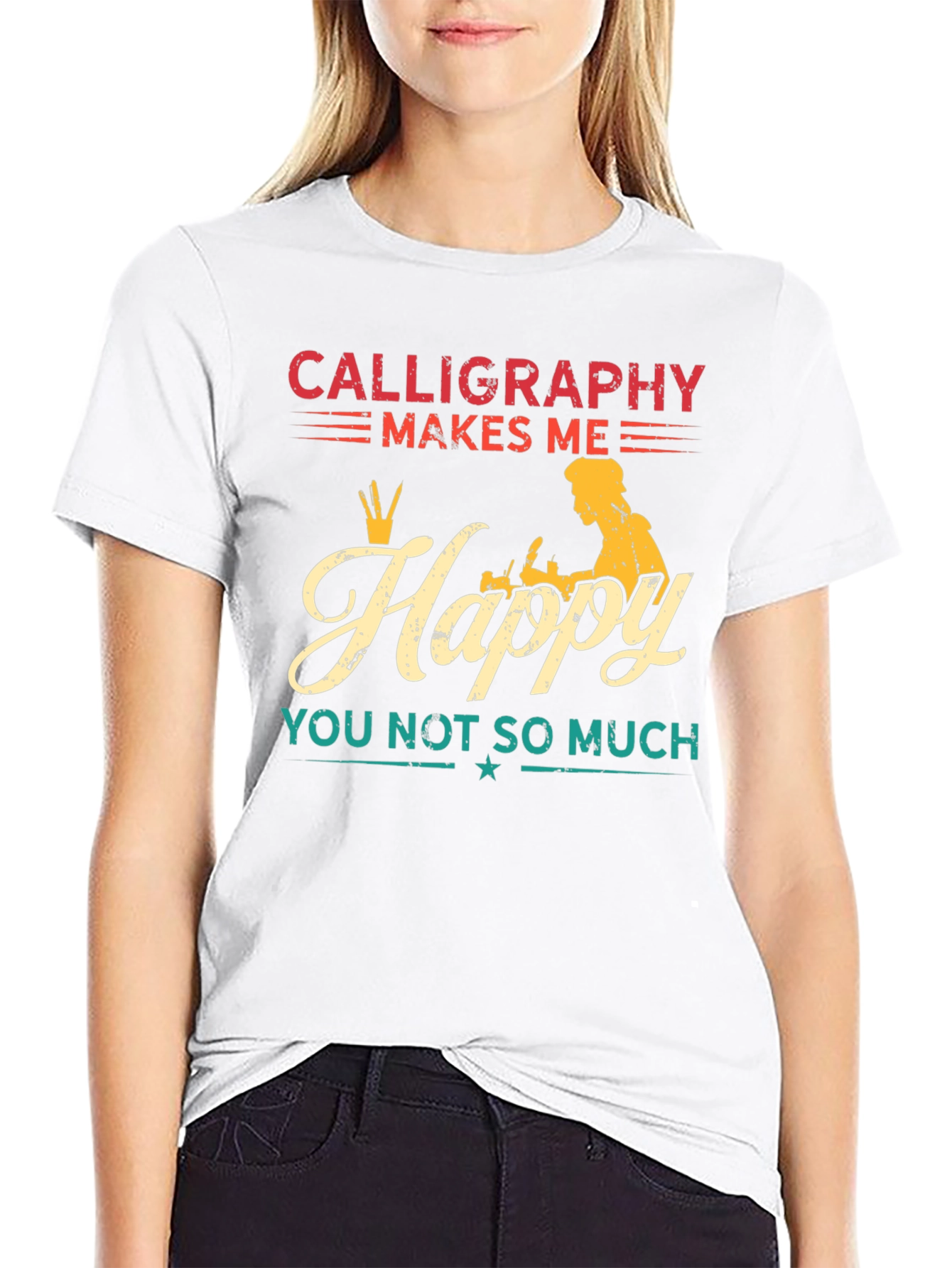 Black Calligraphy Makes Me Happy T-Shirt view 9