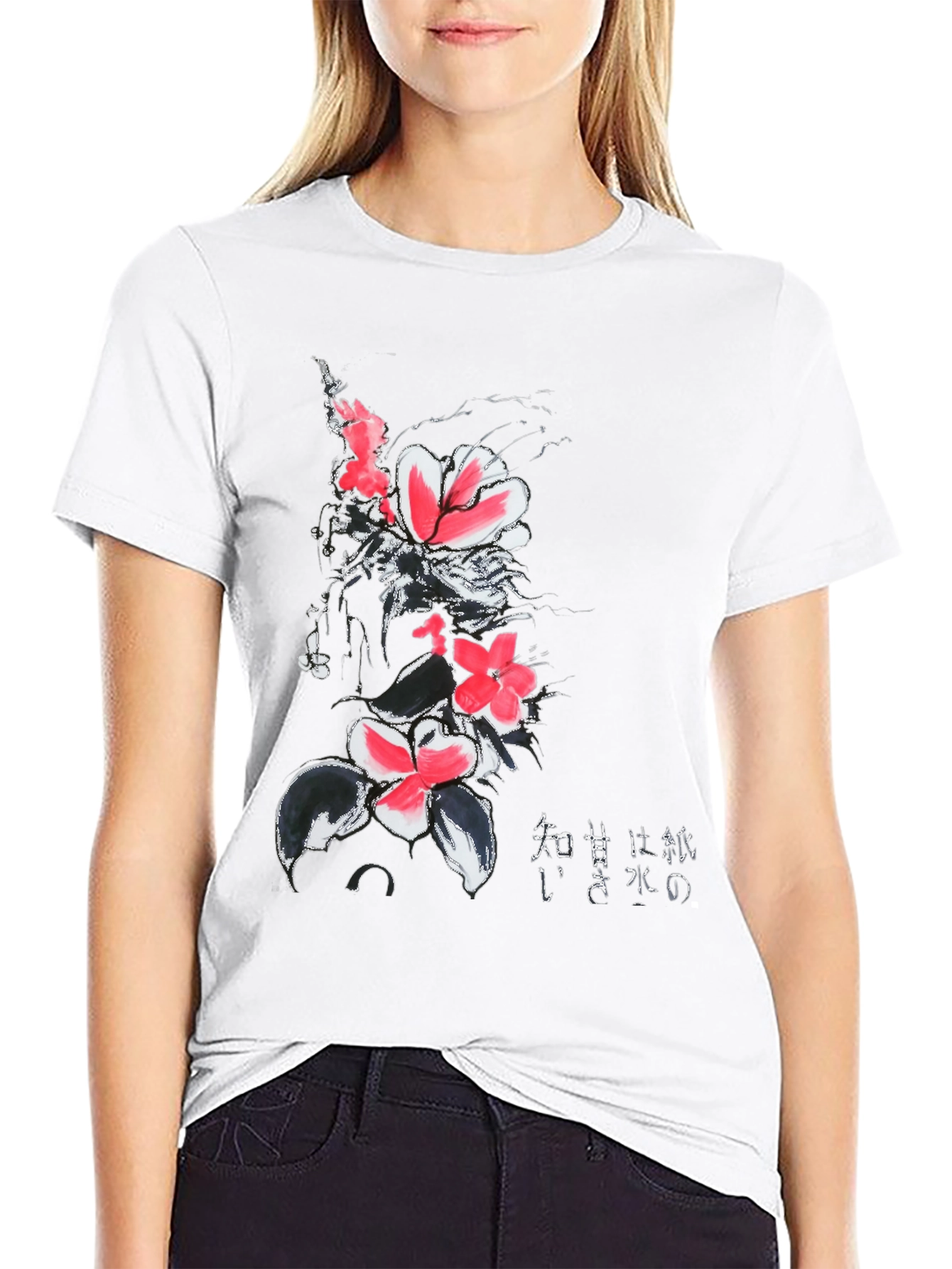 Black Floral Print Black T-Shirt with Japanese Text view 9