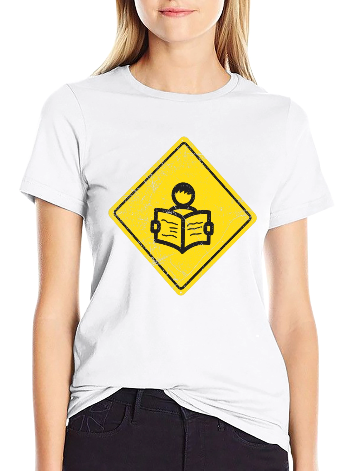 Black Caution Reader T-Shirt - Black Cotton Tee view 9