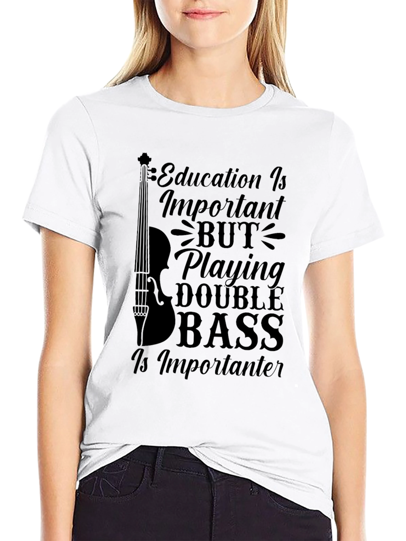 Black Double Bass Player Humor T-Shirt - Education is Important view 9