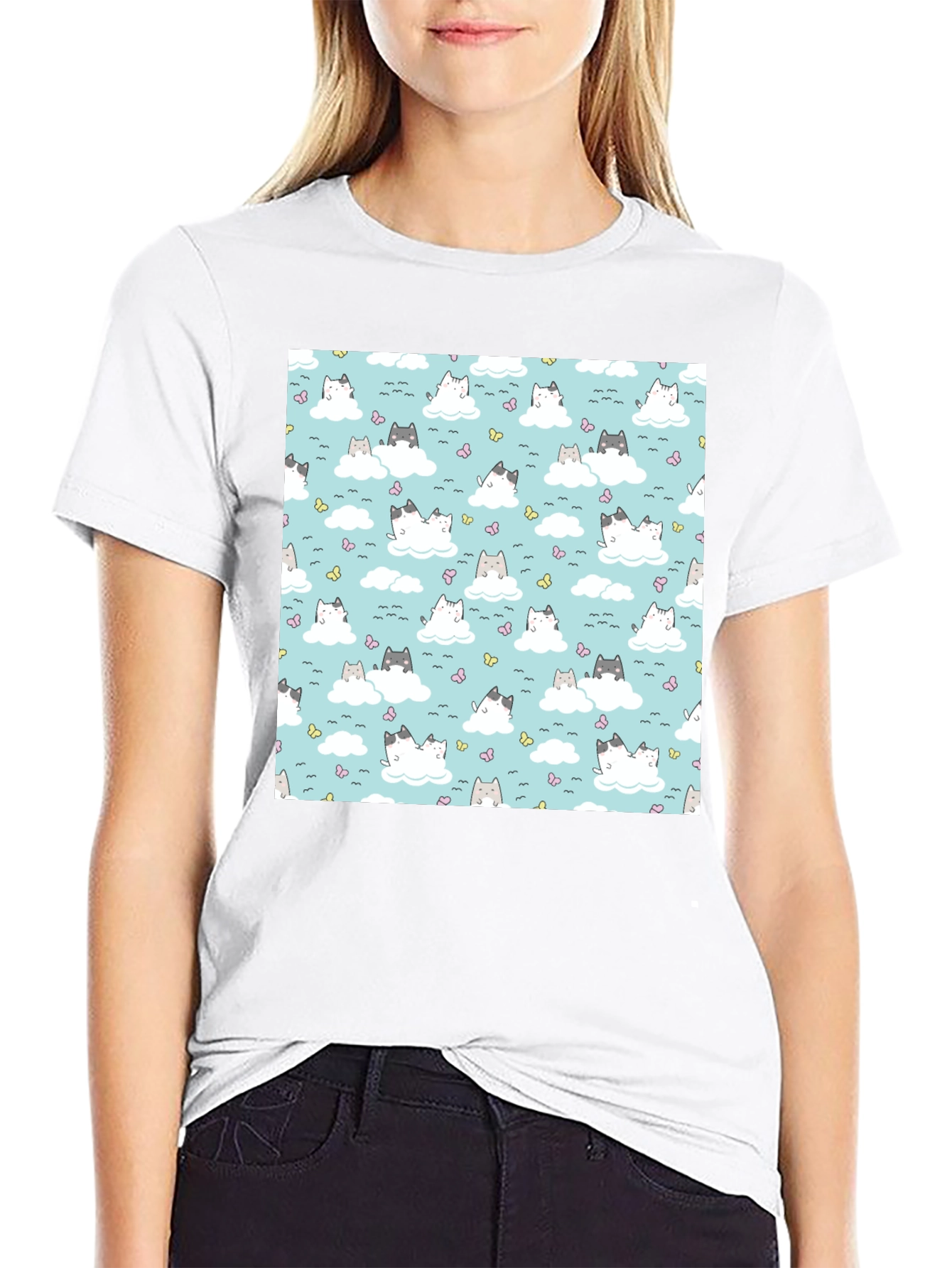Black Cloud Cat Tee - Cute Pattern Black T-Shirt view 9