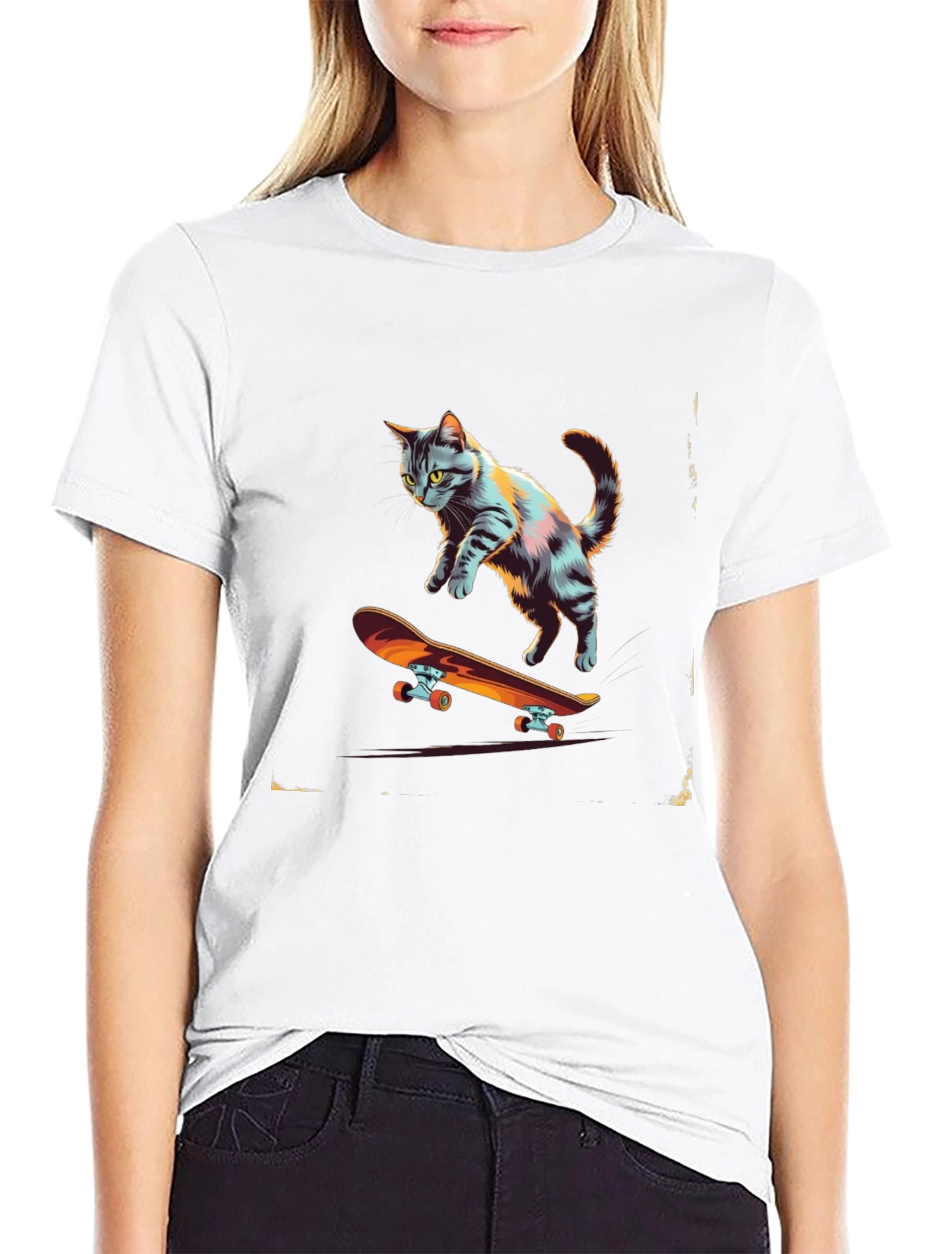 Black Skateboarding Cat Graphic Tee view 9