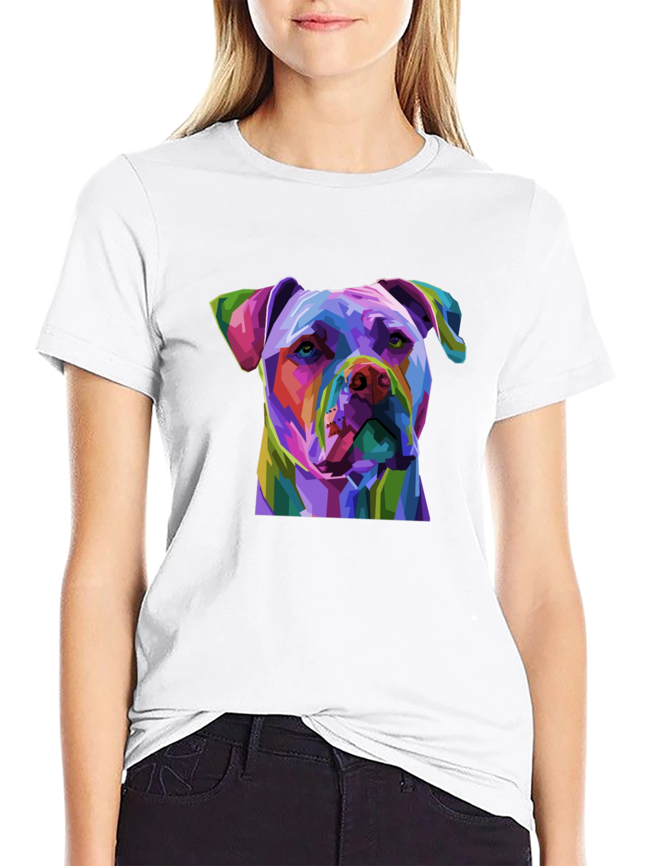 Black Colorful Pitbull Dog Graphic Print Black T-Shirt view 9