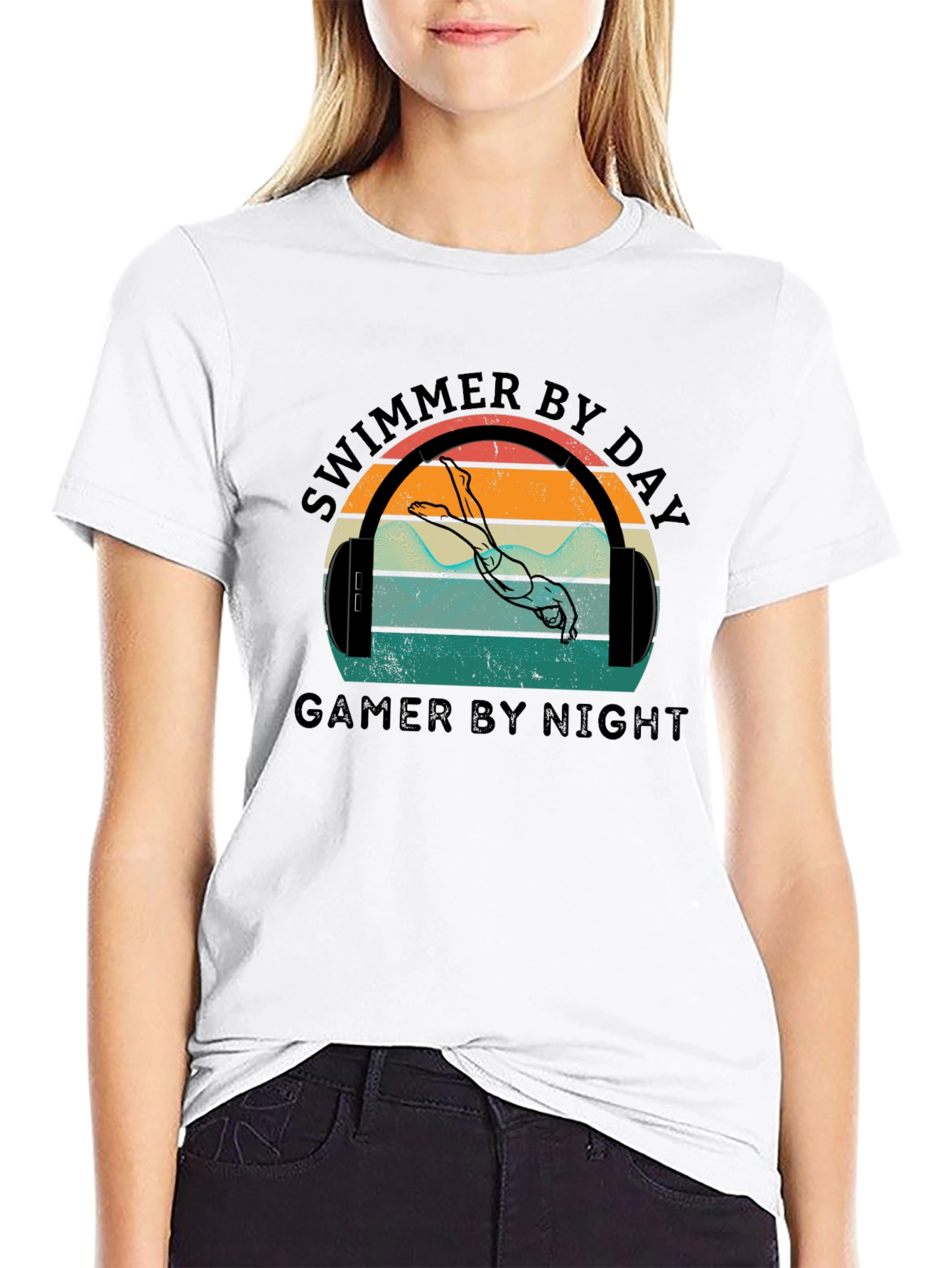 Black Swimmer By Day Gamer By Night Graphic T-Shirt view 9