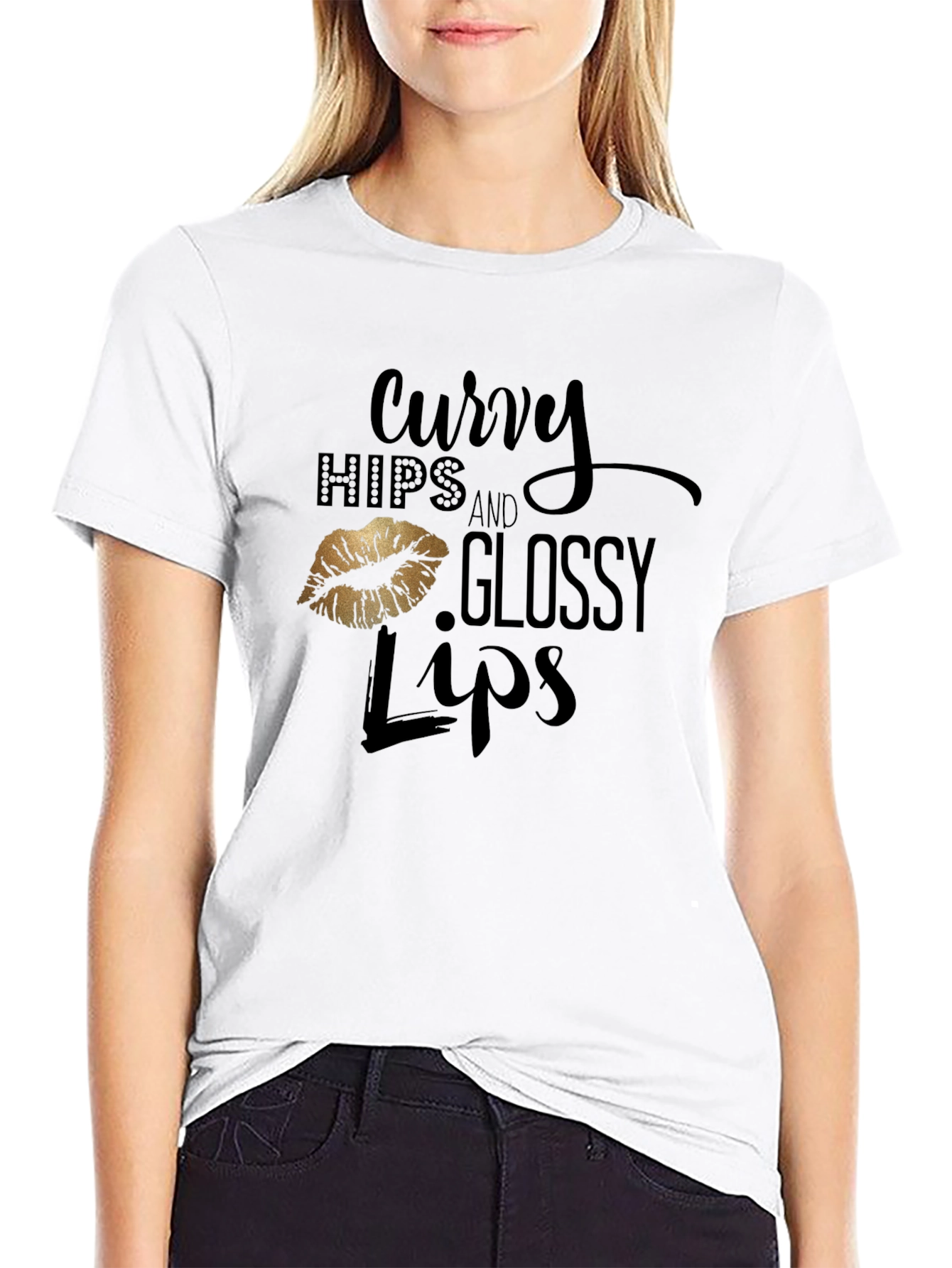 Black Curvy Hips & Glossy Lips Graphic Tee - Black view 9
