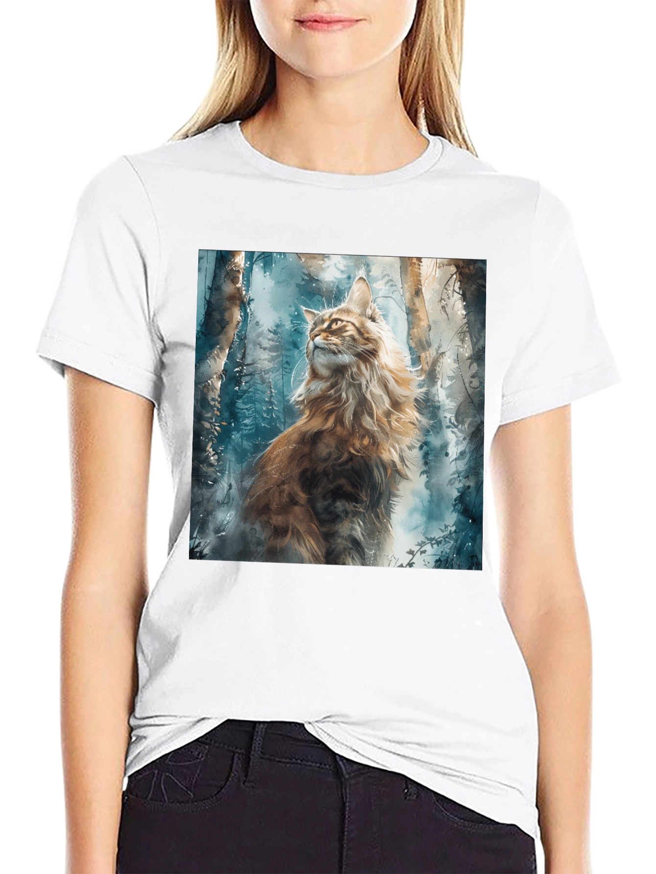 Black Watercolor Cat in Forest Graphic Tee view 9