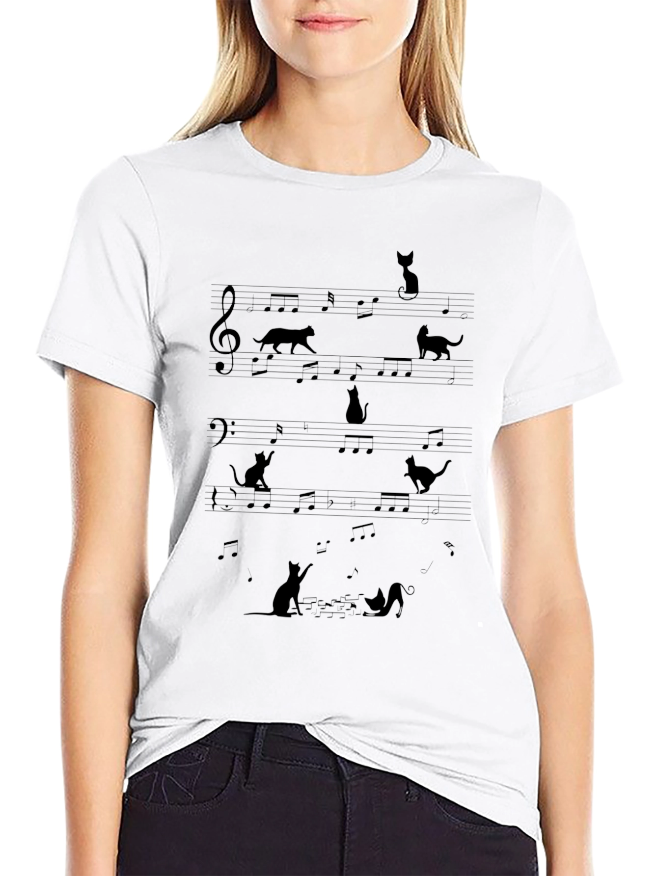 Black Cats on Music Notes Black T-Shirt view 9