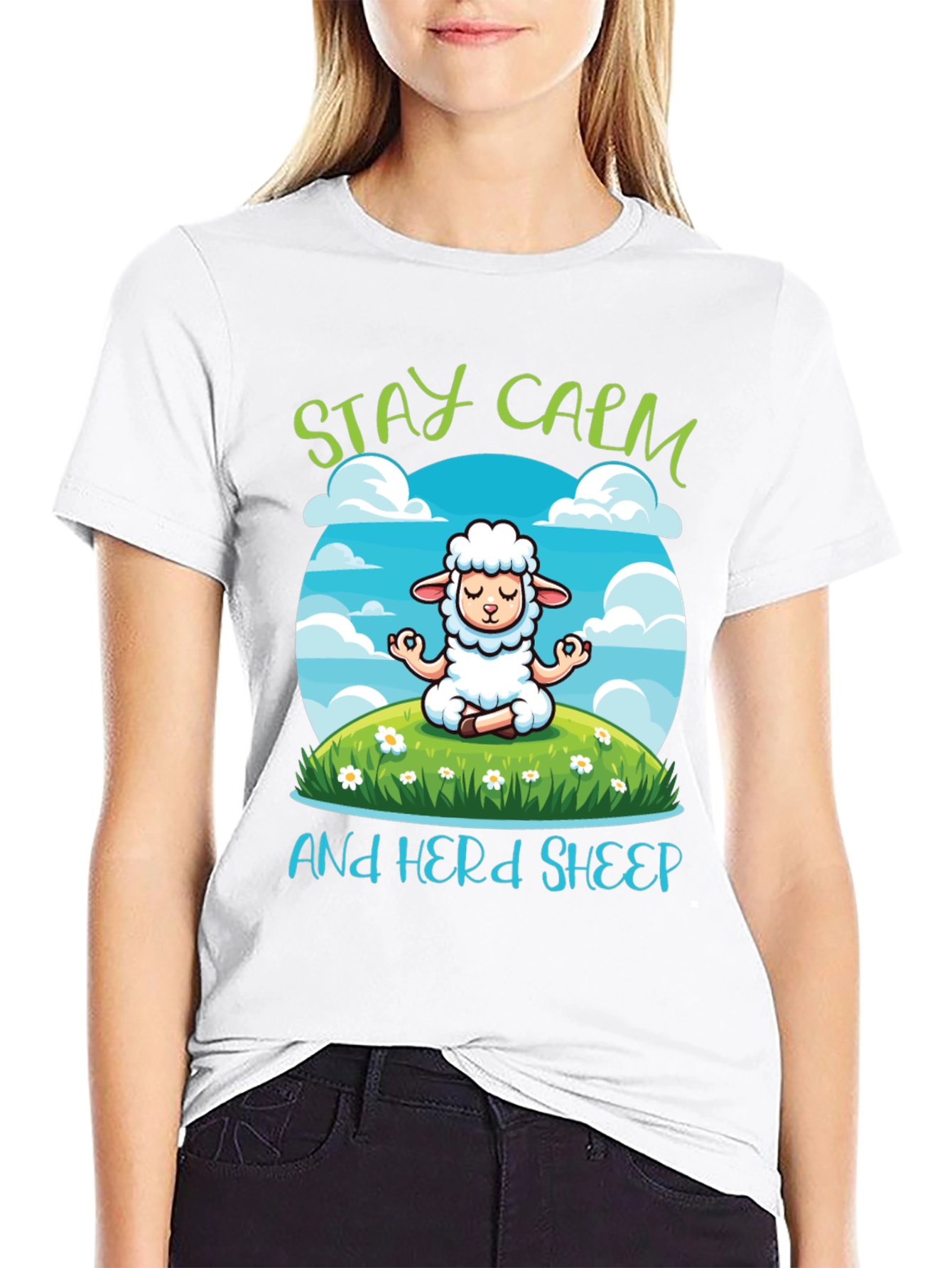 Black Stay Calm Herd Sheep T-Shirt - Meditation Sheep Tee view 9