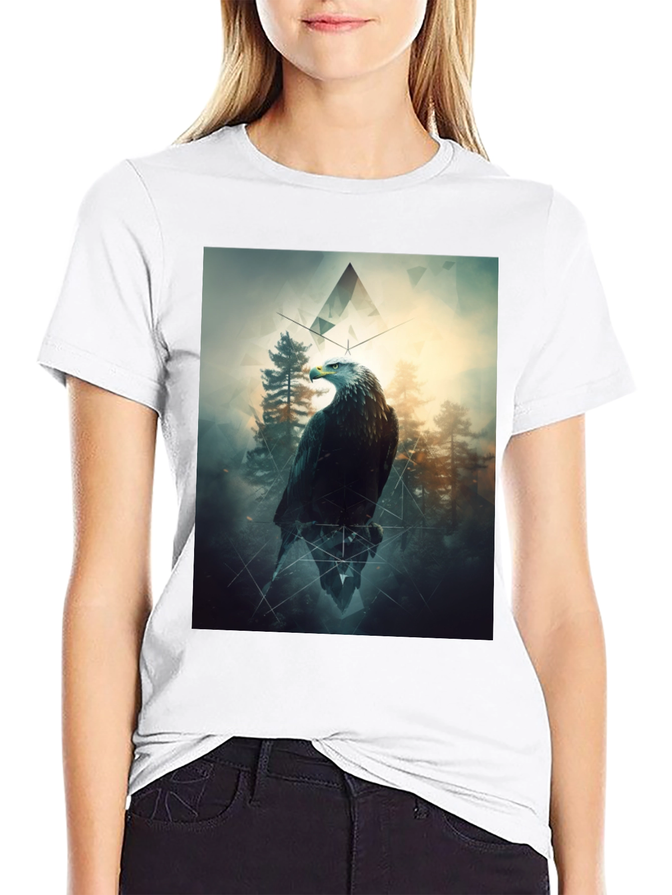 Black Eagle Forest Graphic Print Black T-Shirt view 9