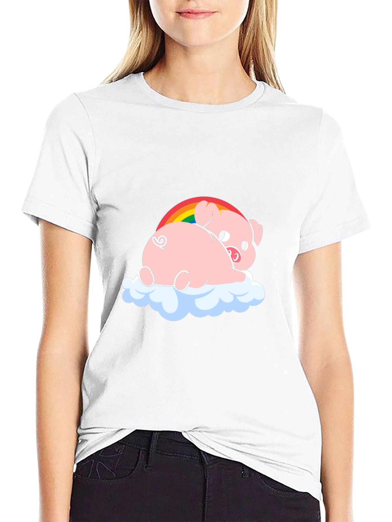 Black Cute Pig Rainbow Cloud Graphic T-Shirt view 9
