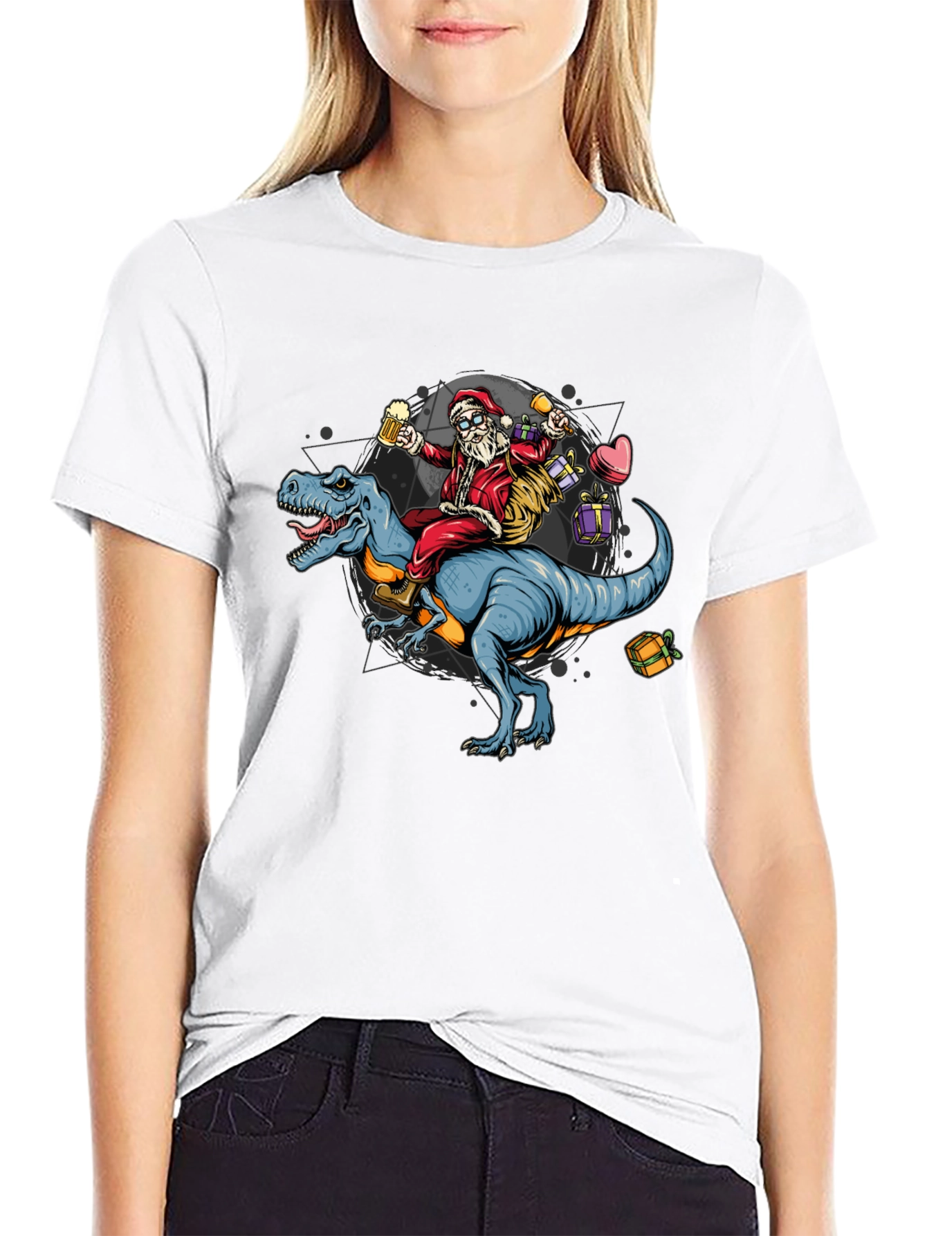 Black Santa Riding Dinosaur T-Shirt - Festive Holiday Apparel view 9