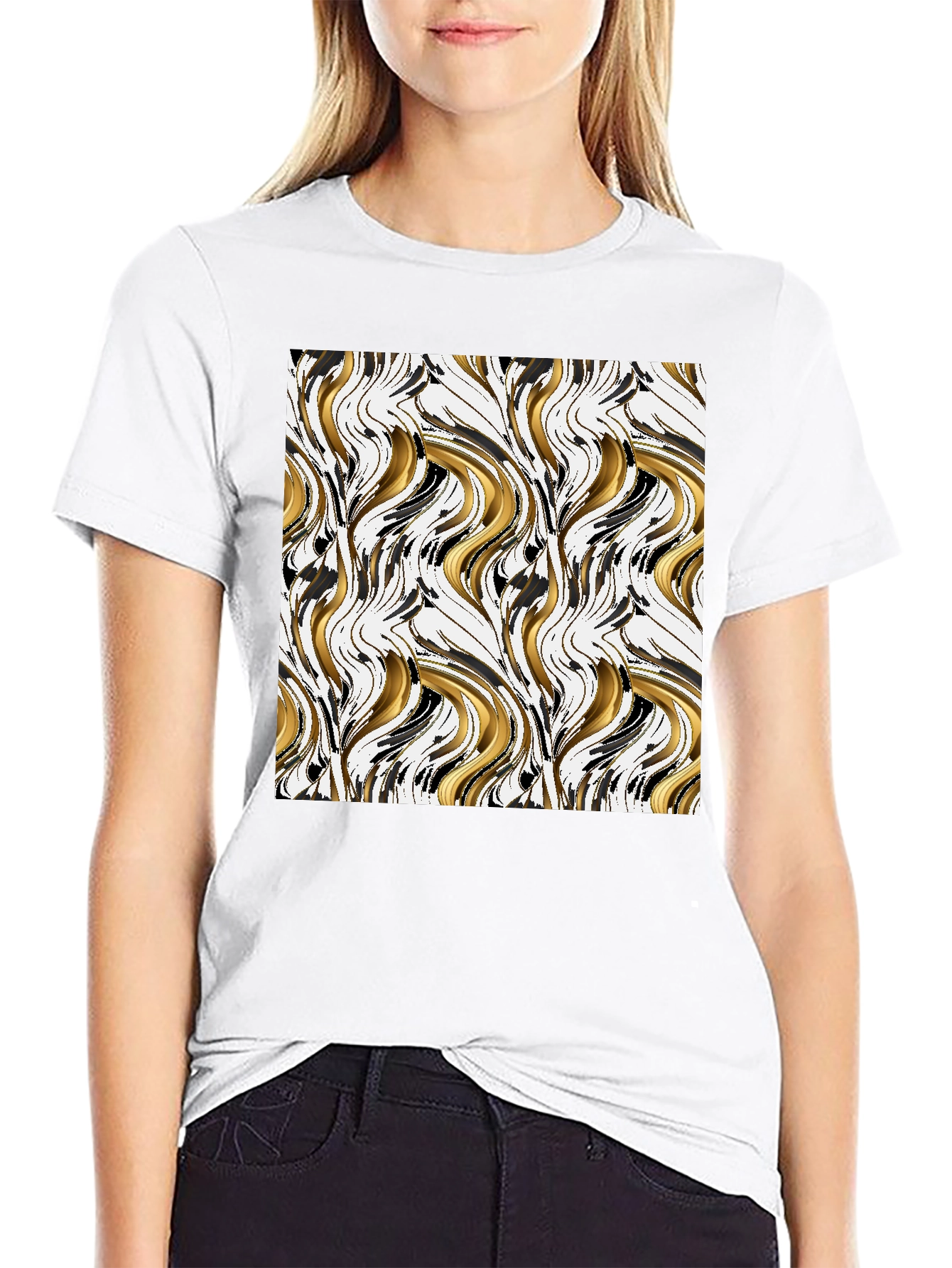 Black Abstract Gold & Black Swirl Print Black T-Shirt view 9