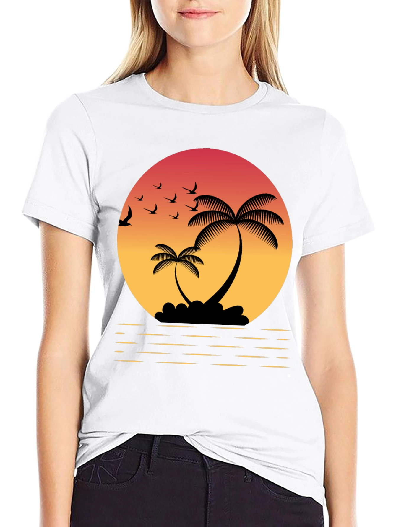 Black Tropical Sunset T-Shirt: Palm Trees & Birds view 9