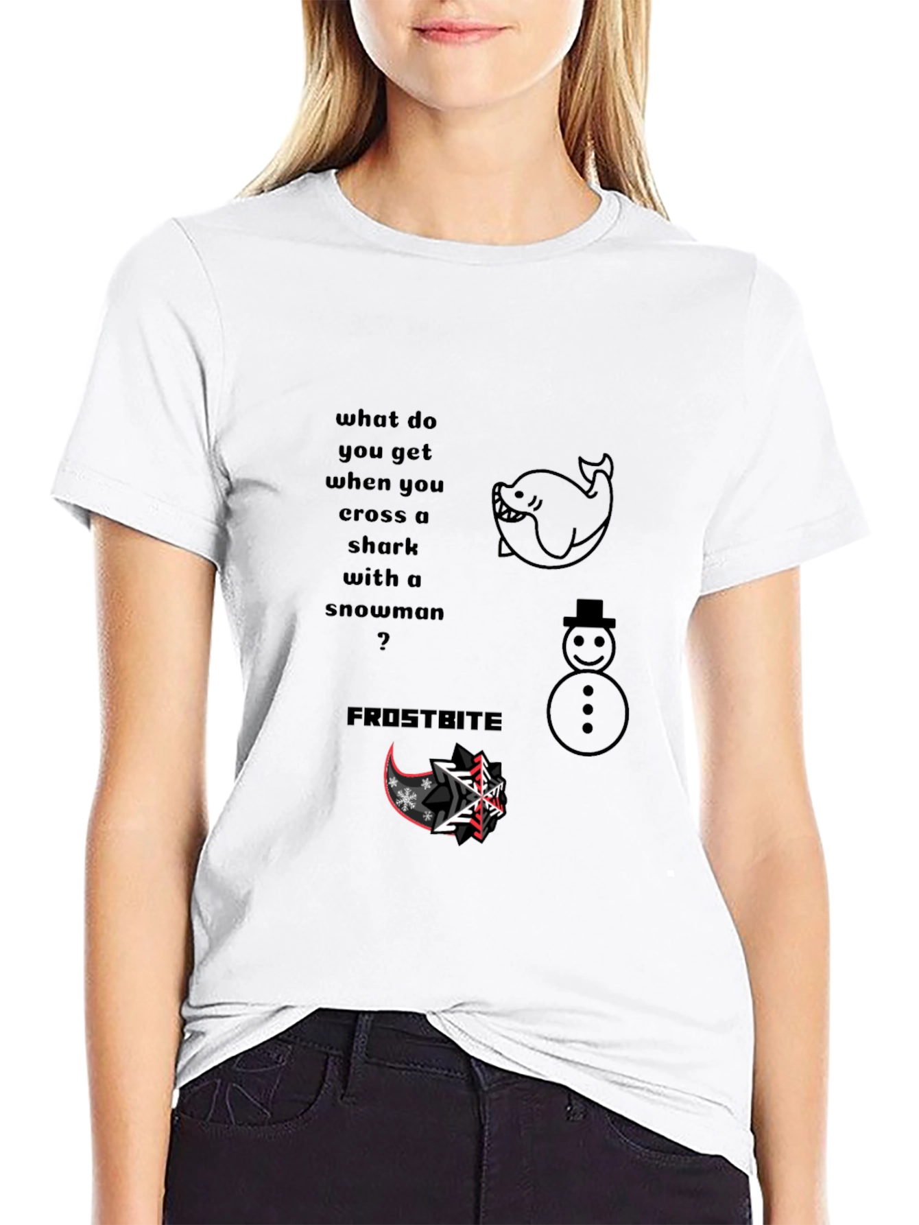 Black Shark Snowman Frostbite Pun T-Shirt view 9