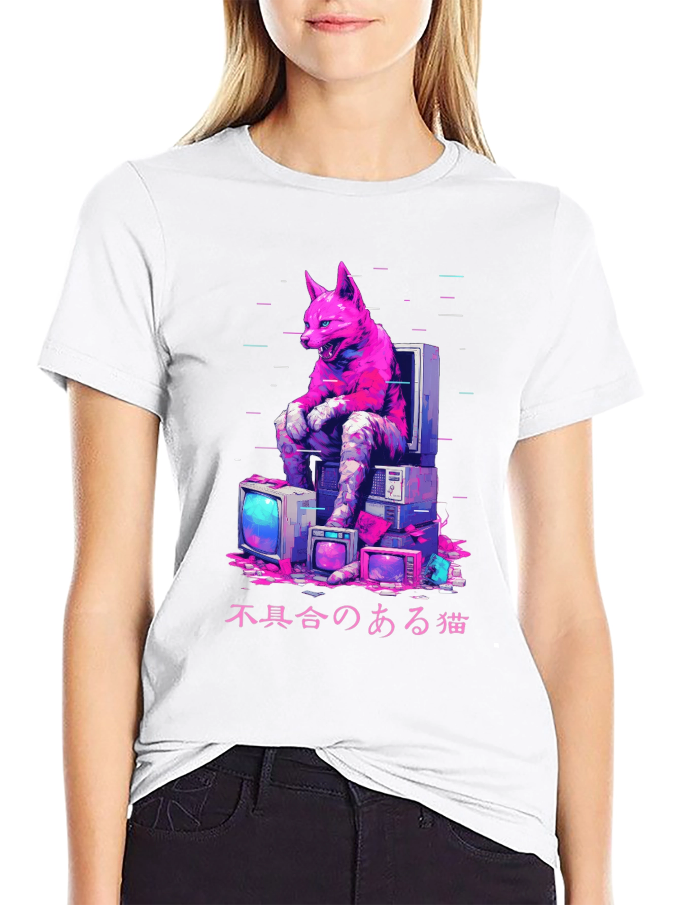 Black Cyberpunk Cat Glitch T-Shirt view 9