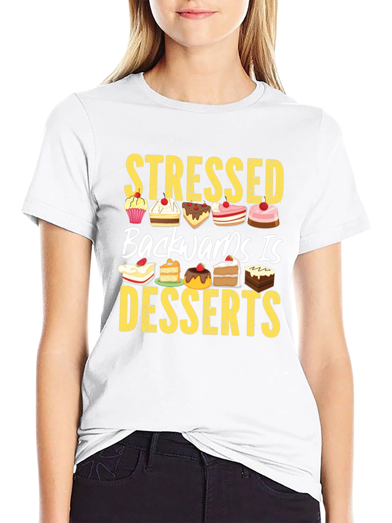 Black Stressed Backwards is Desserts T-Shirt view 9