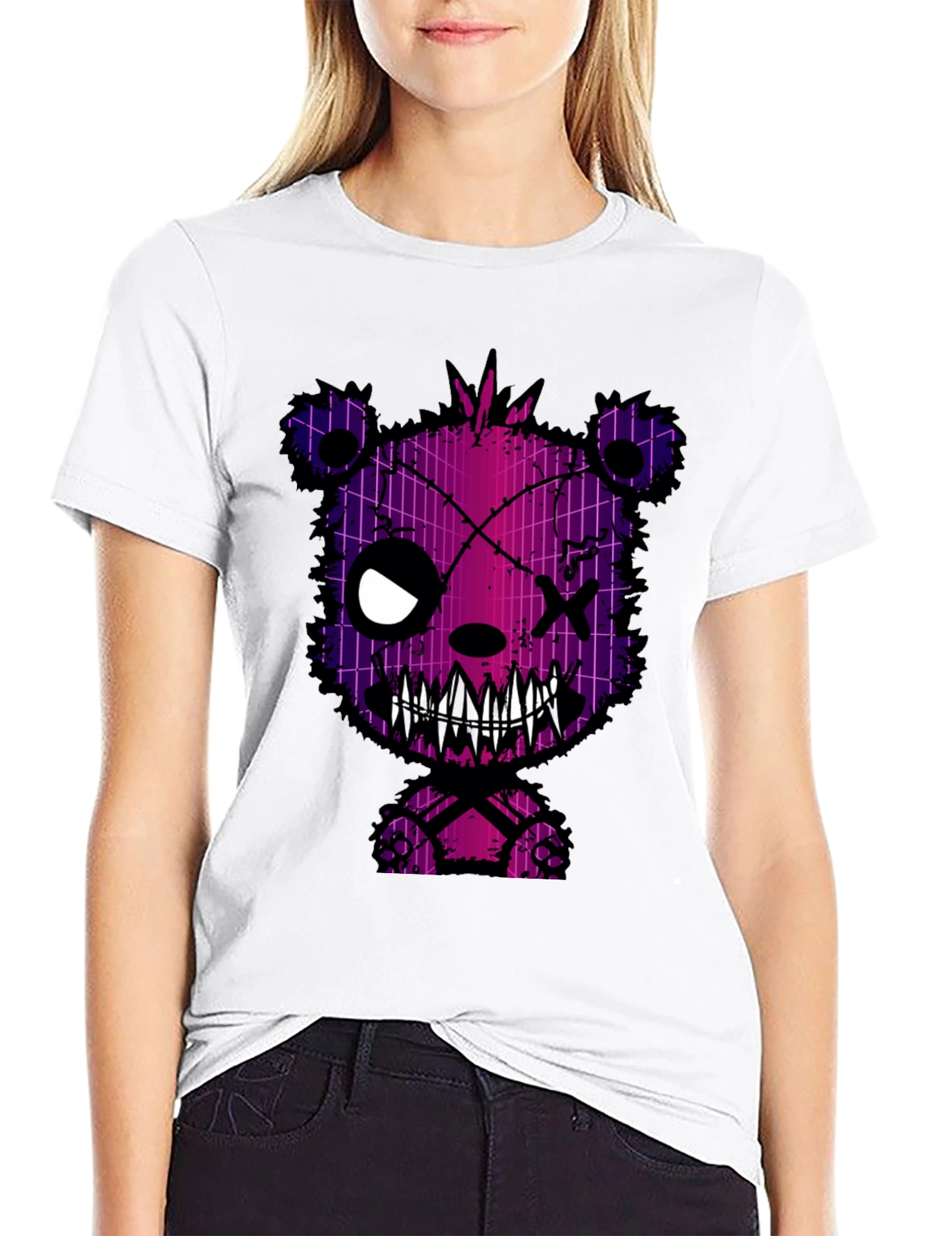 Black Creepy Bear Graphic Print T-Shirt view 9