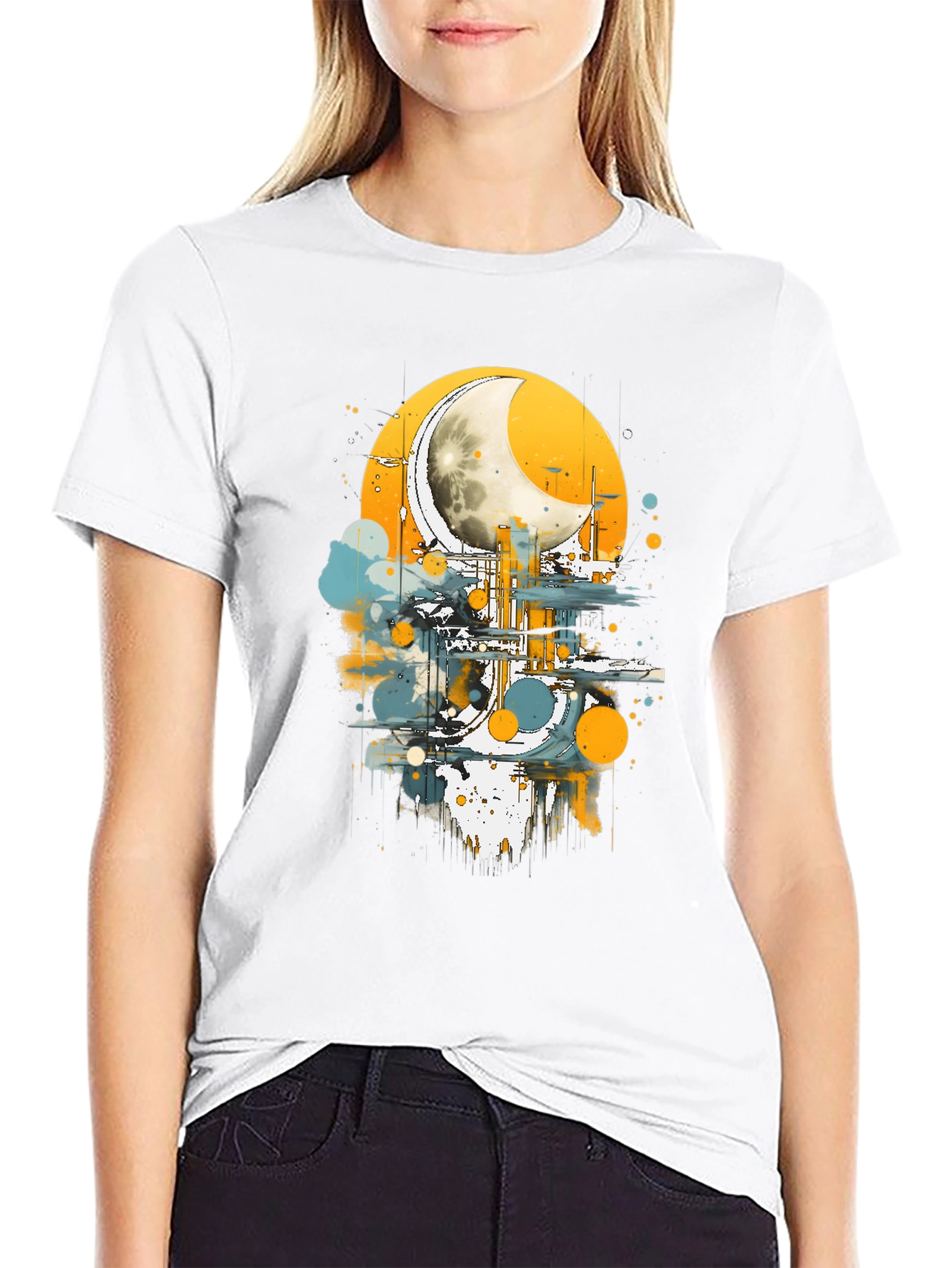 Black Abstract Moon Graphic Tee - Stylish Black Cotton T-Shirt view 9
