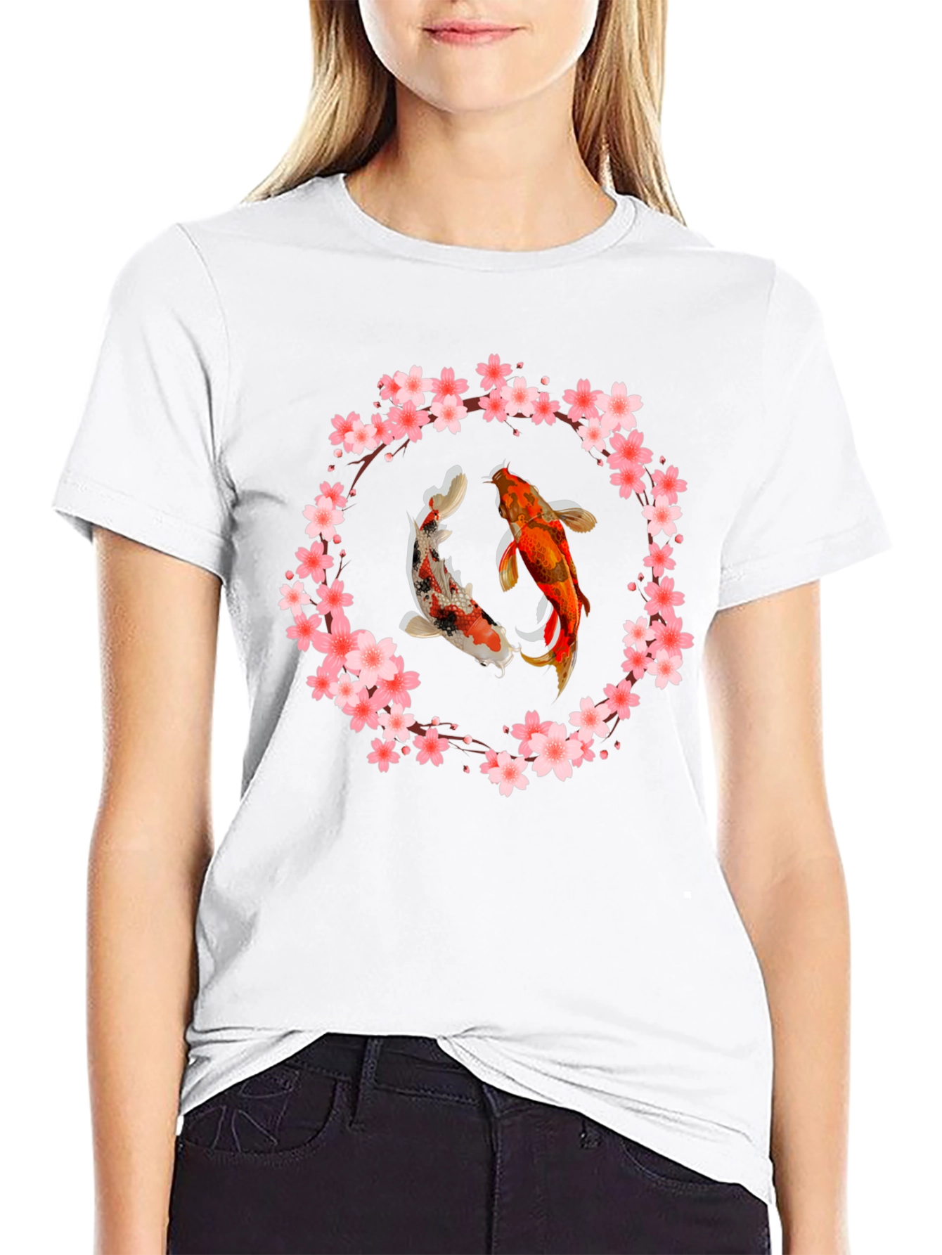 Black Koi Fish Cherry Blossom Graphic T-Shirt view 9
