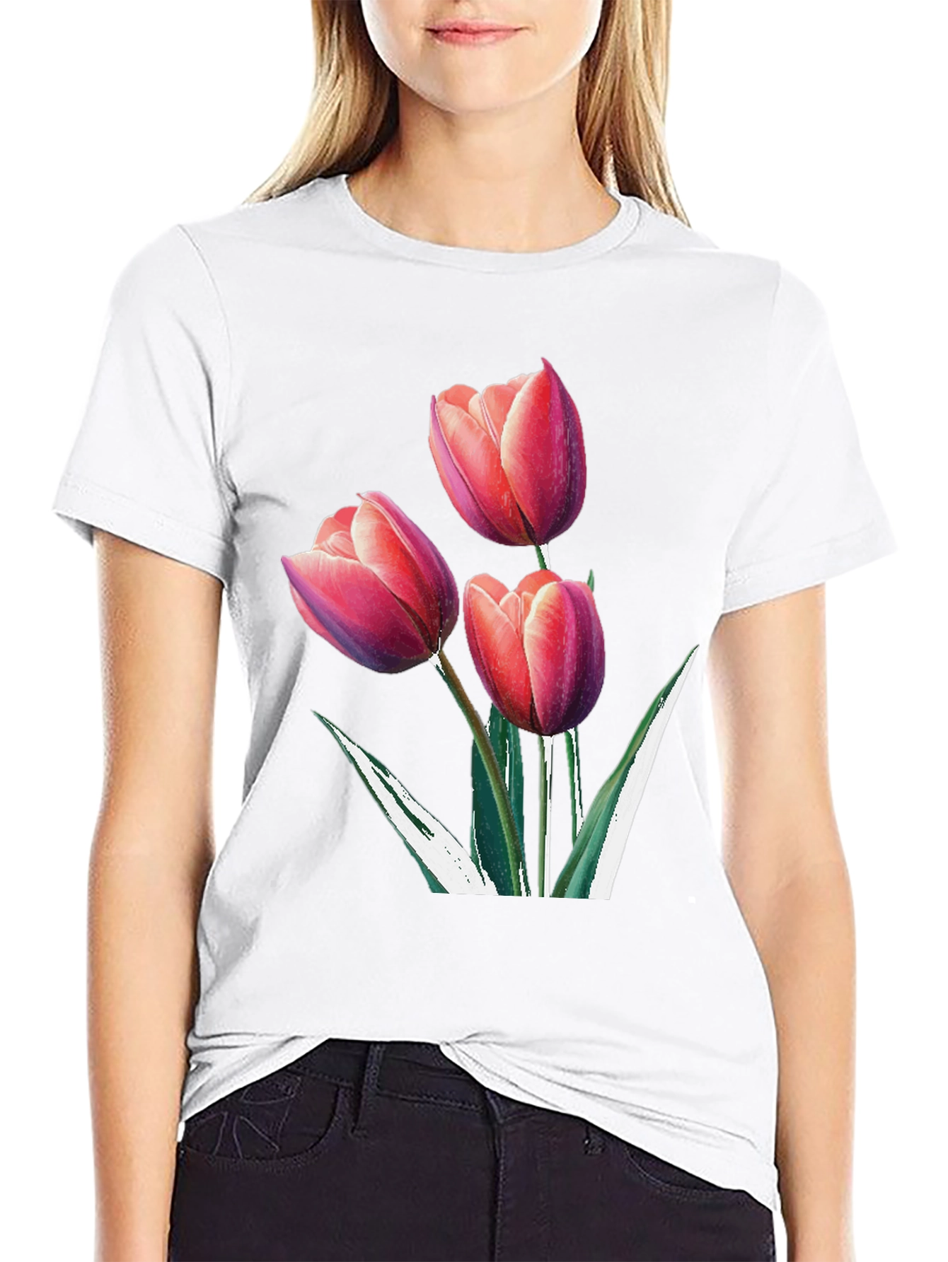 Black Floral Tulip Graphic Black Tee view 9
