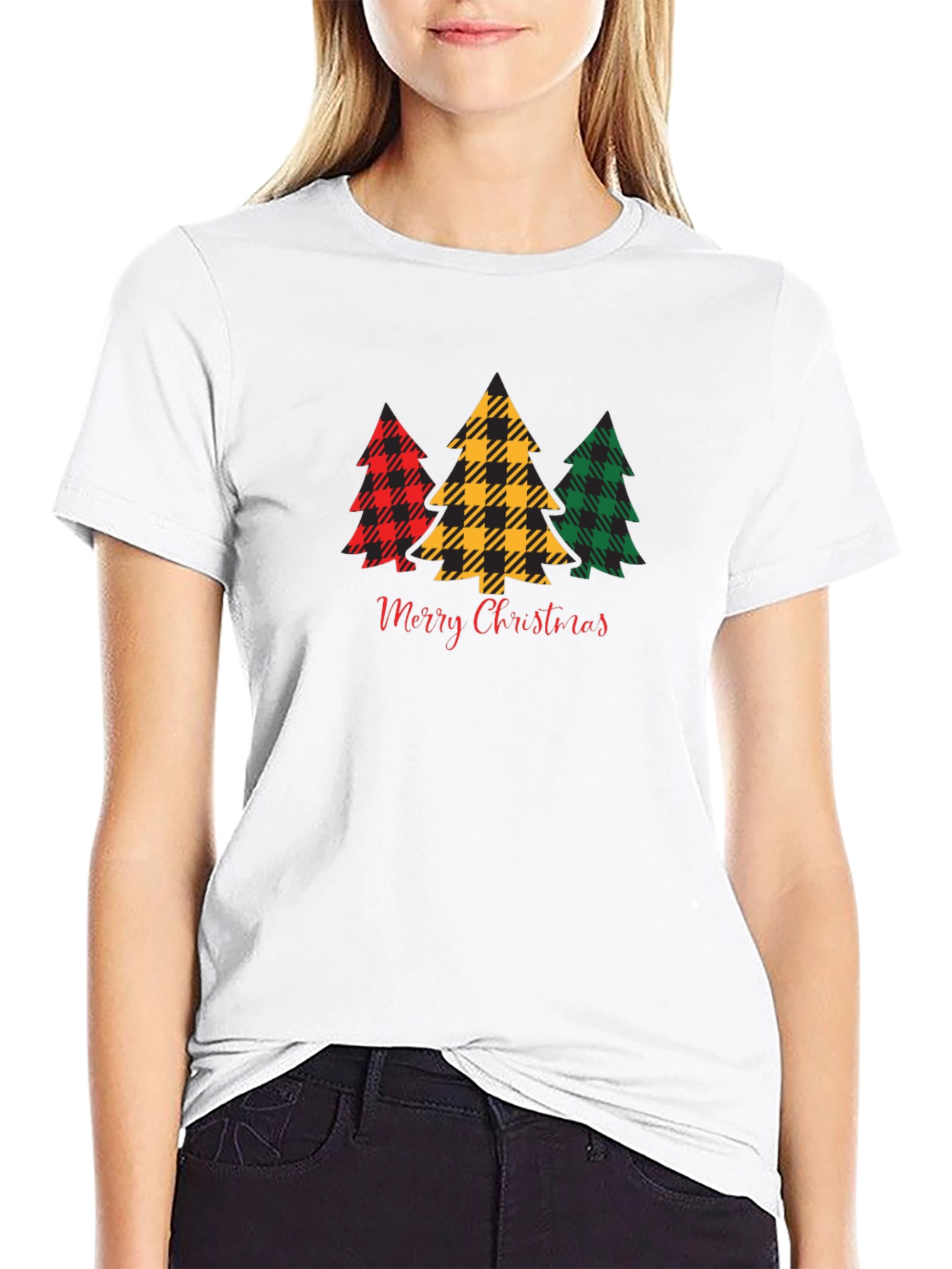 Black Plaid Christmas Tree Graphic Tee view 9
